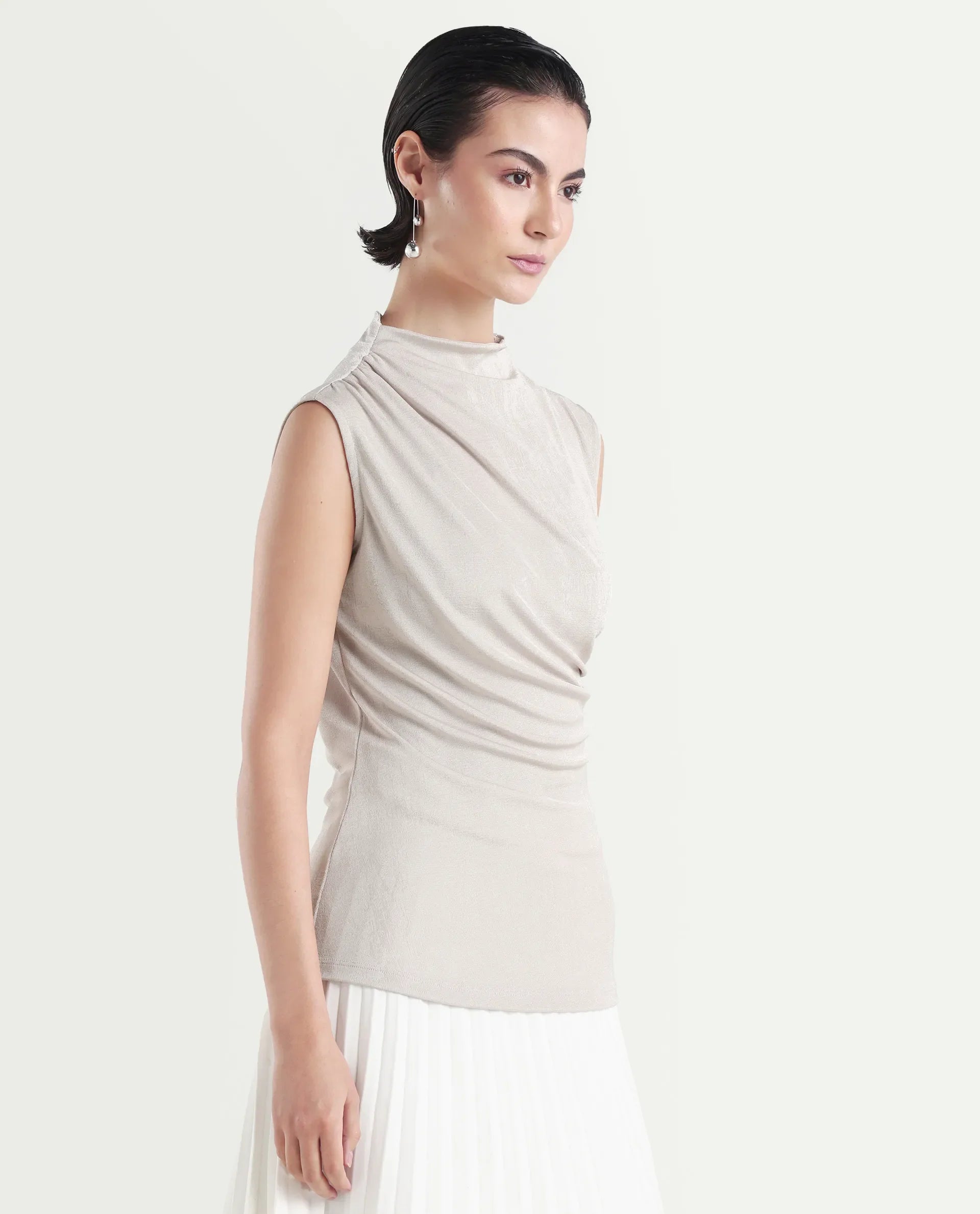 Rareism Women's Zoptus Light Beige Cotton High Neck Regular Fit Plain Top