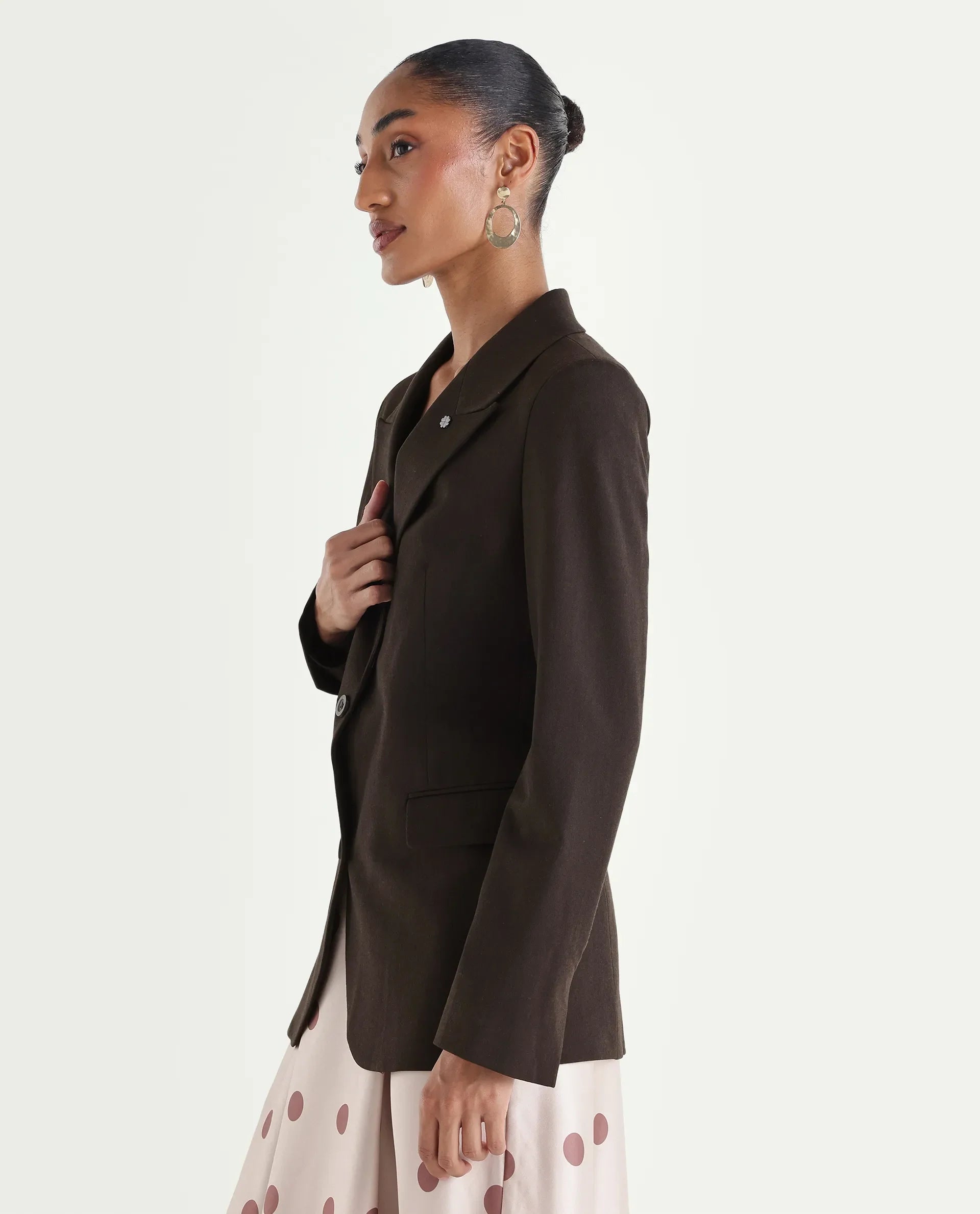Rareism Women's Reca Dark Brown Polyester Blend Fabric Full Sleeve Lapel Collar Plain Blazer