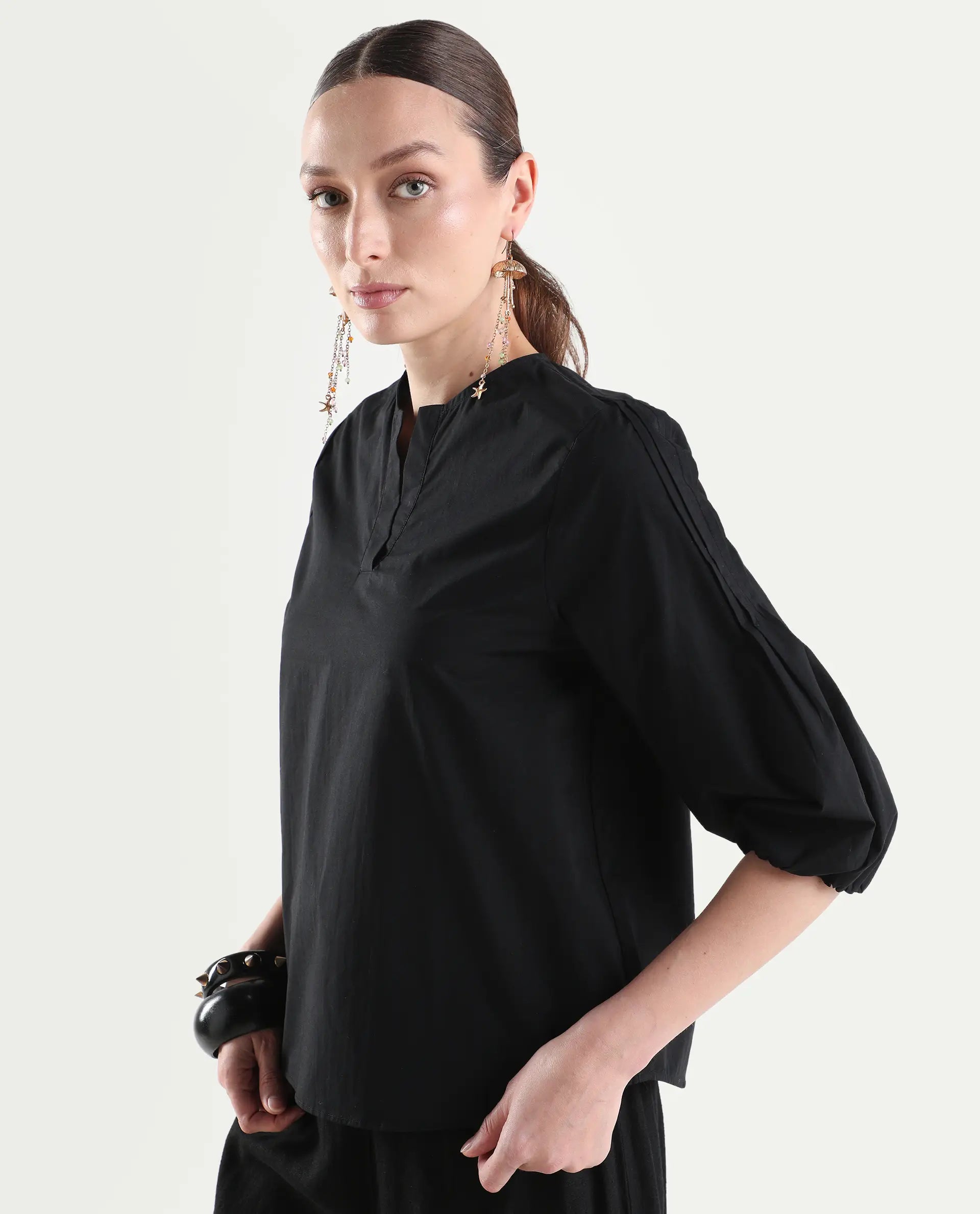 Rareism Women's Varek Black Cotton 3/4Th Sleeve Relaxed Fit Plain Top
