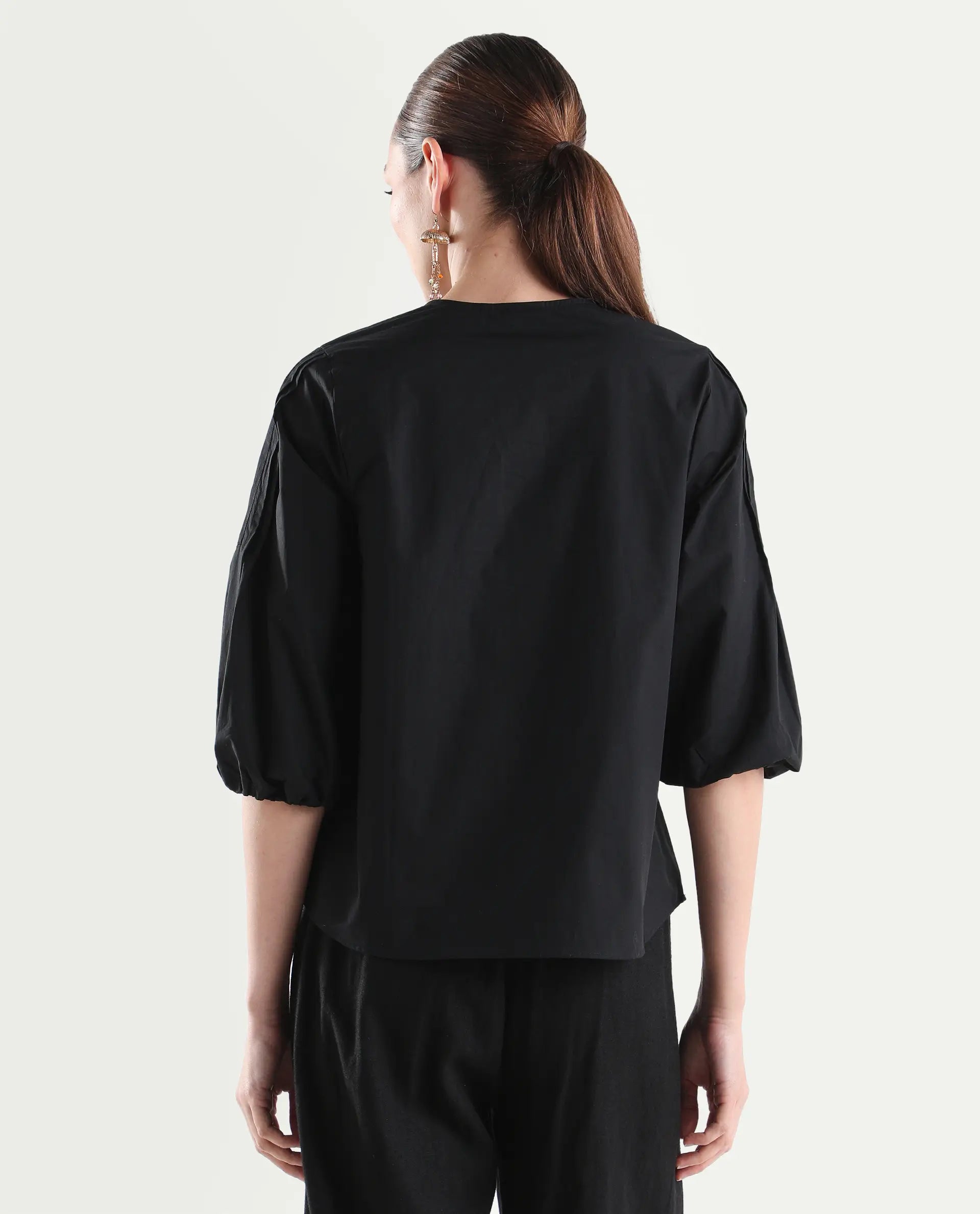 Rareism Women's Varek Black Cotton 3/4Th Sleeve Relaxed Fit Plain Top