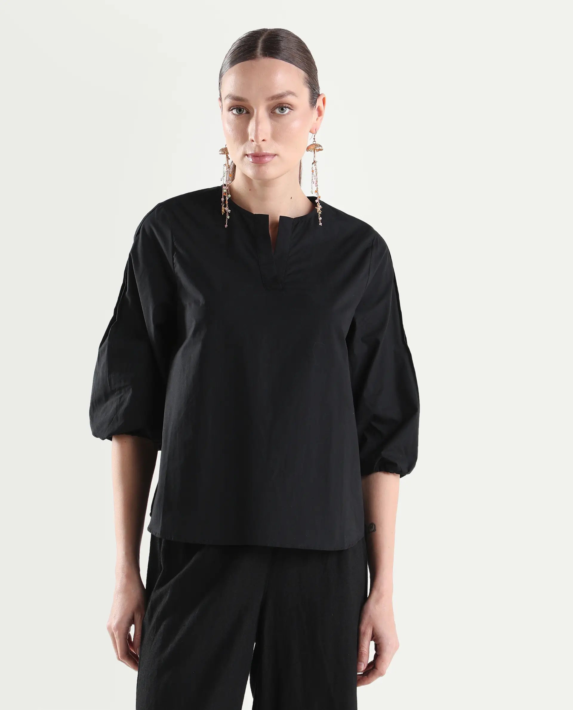 Rareism Women's Varek Black Cotton 3/4Th Sleeve Relaxed Fit Plain Top