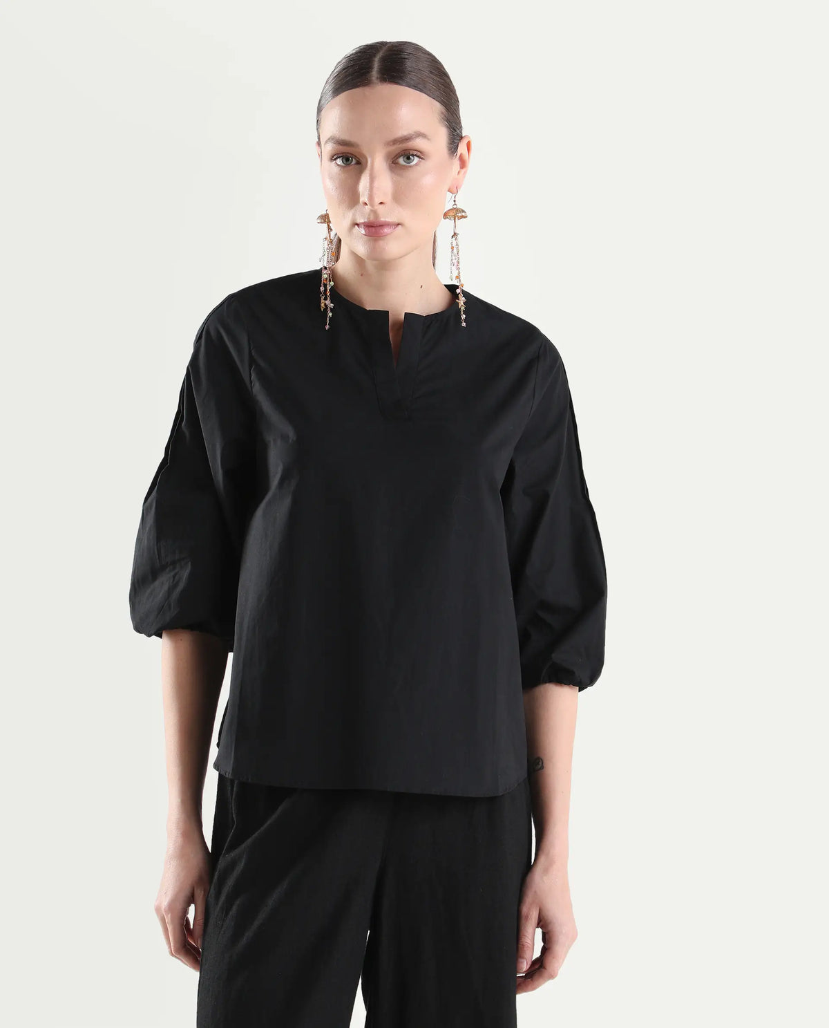 Rareism Women's Varek Black Cotton 3/4Th Sleeve Relaxed Fit Plain Top