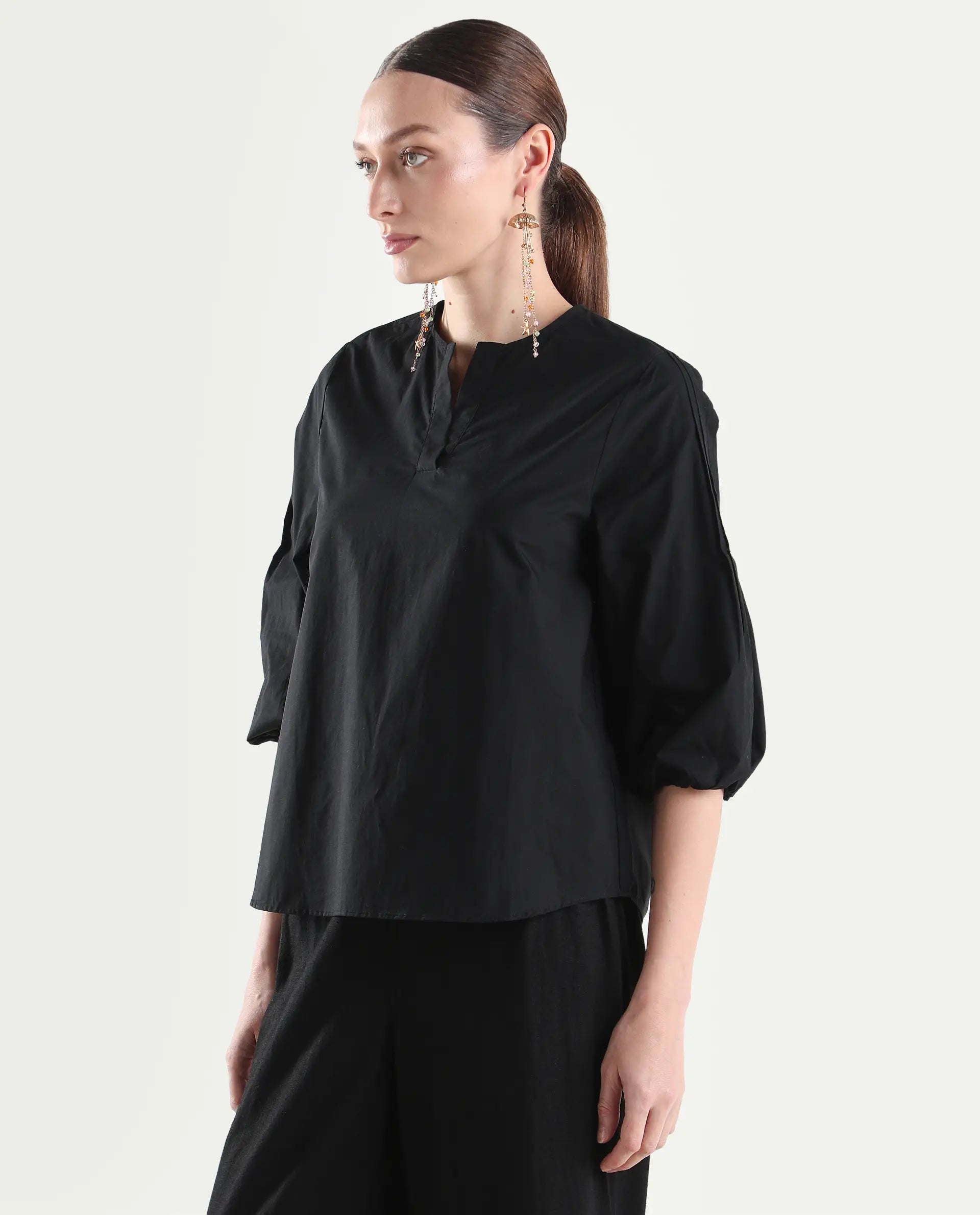 Rareism Women's Varek Black Cotton 3/4Th Sleeve Relaxed Fit Plain Top