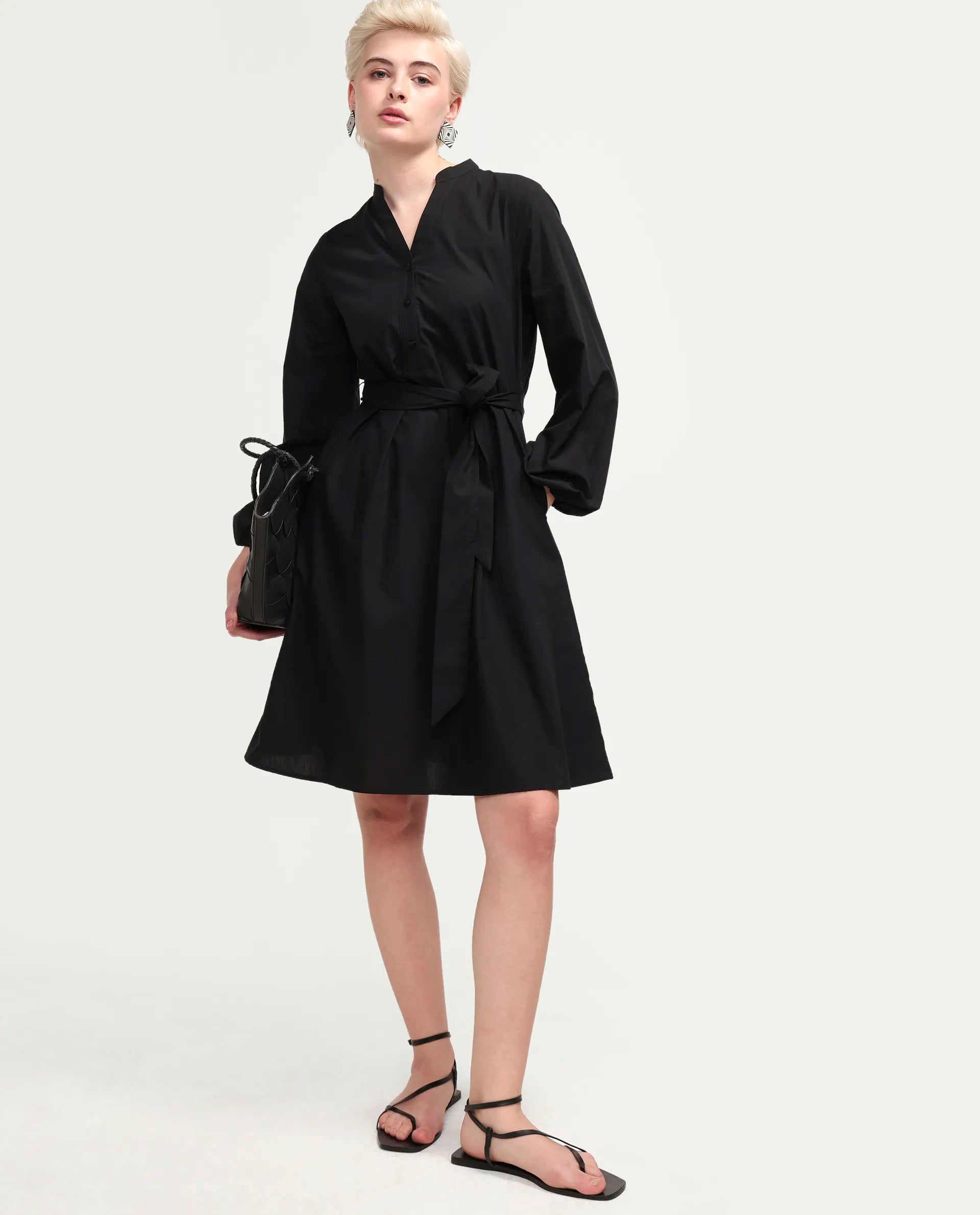 Rareism Women's Vayda Black Cotton Full Sleeve A-Line Plain Dress