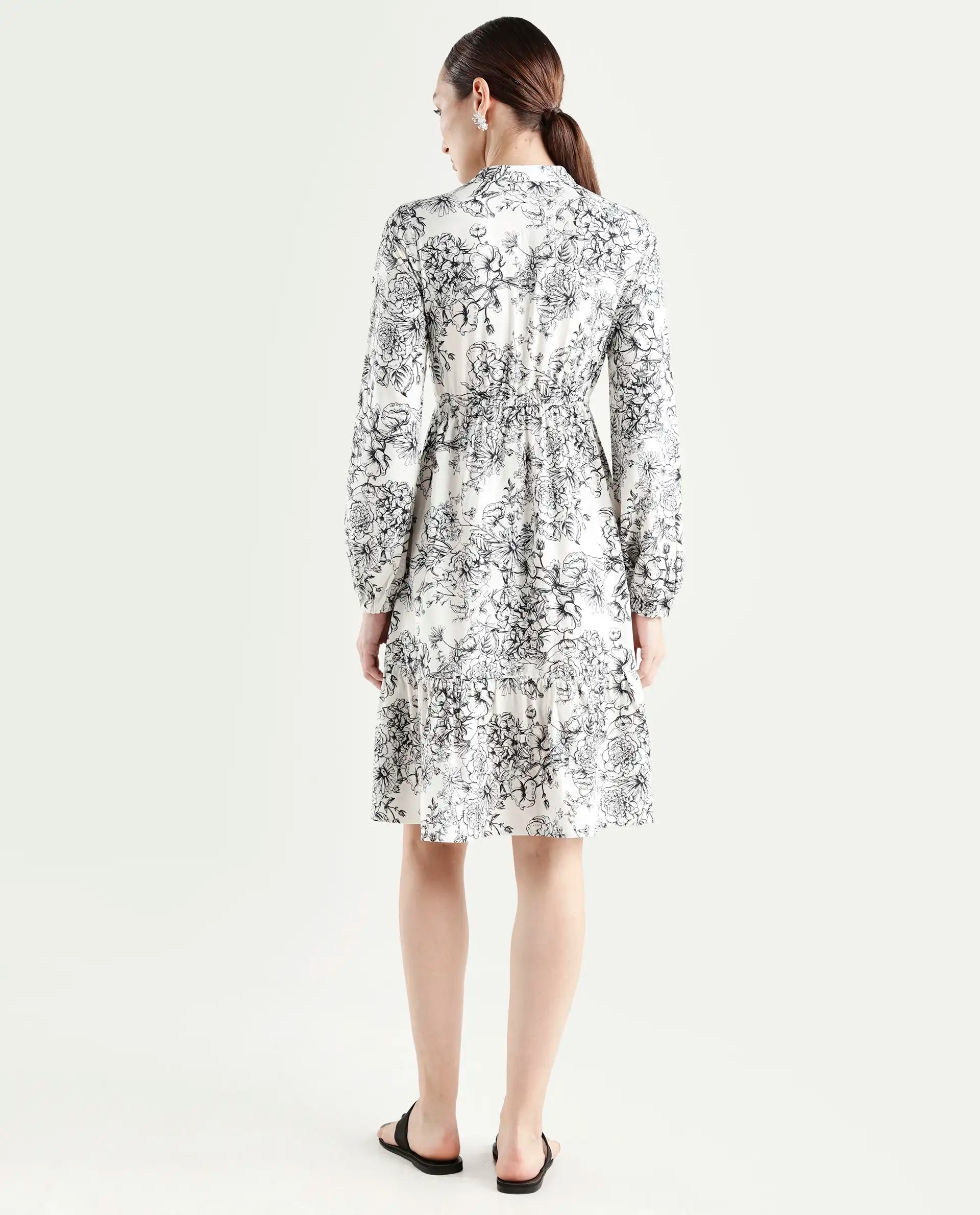 Rareism Women's Veden White Viscose Full Sleeve Flared Floral Print Dress
