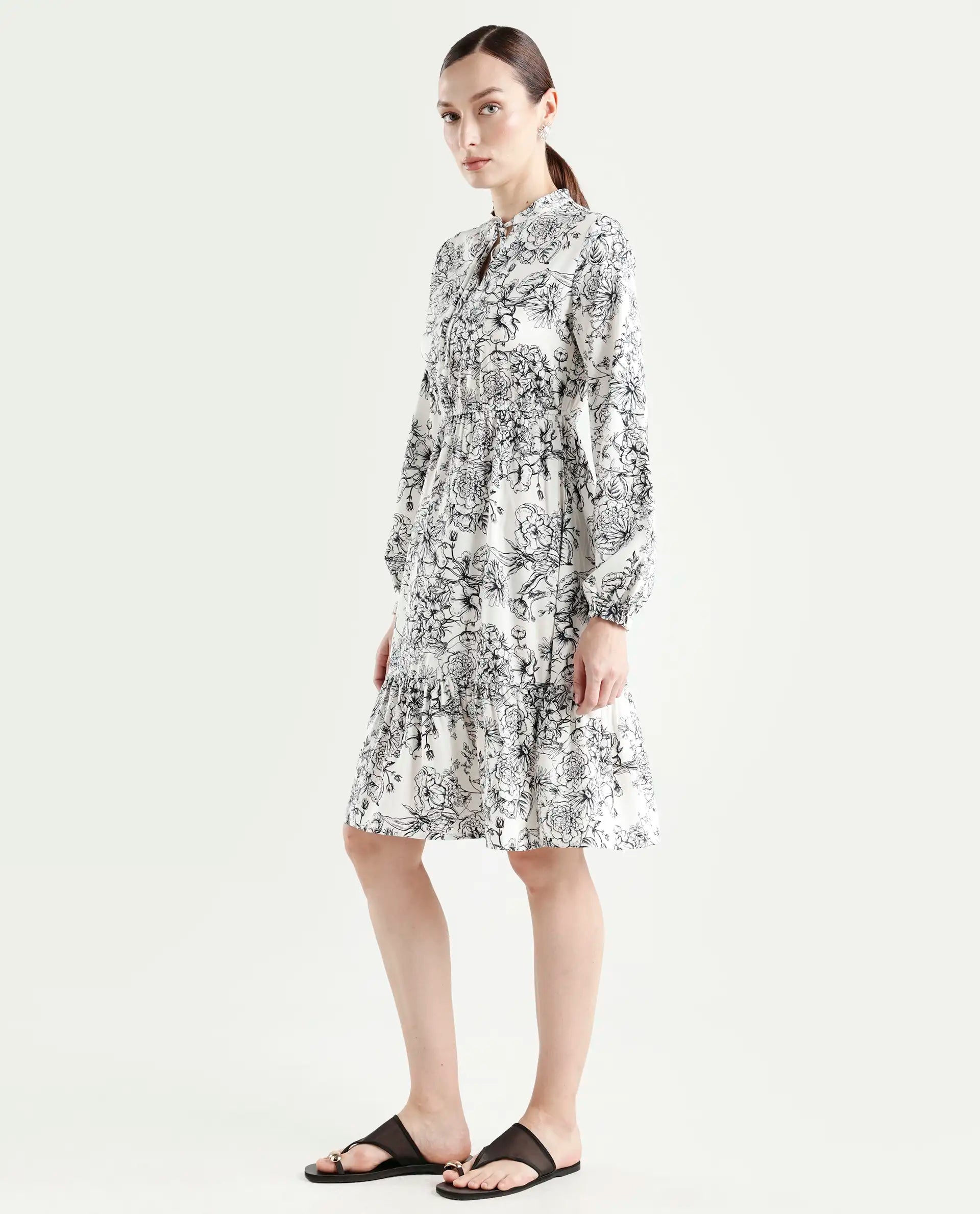 Rareism Women's Veden White Viscose Full Sleeve Flared Floral Print Dress