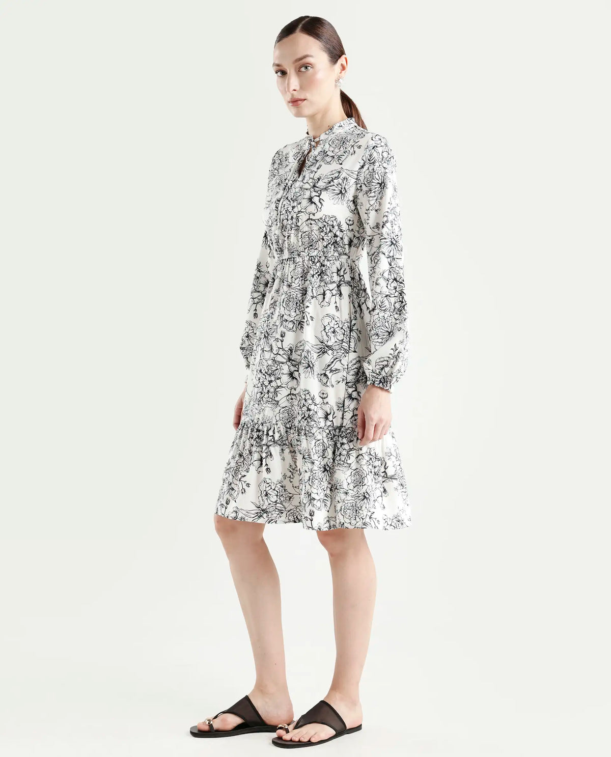 Rareism Women's Veden White Viscose Full Sleeve Flared Floral Print Dress