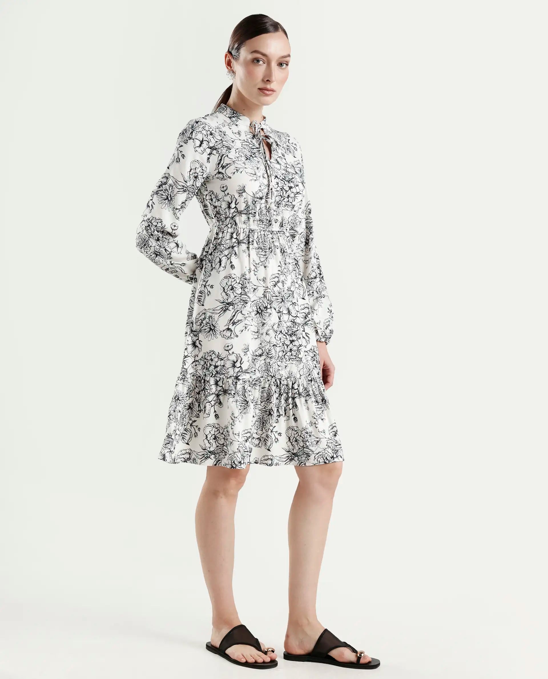 Rareism Women's Veden White Viscose Full Sleeve Flared Floral Print Dress