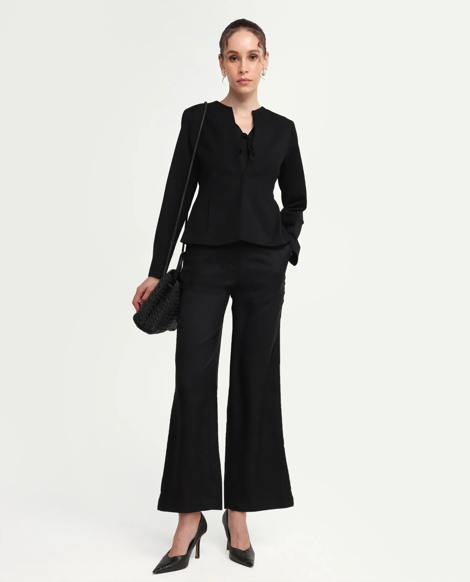 Rareism Women's Vrait Black Polyester Straight Plain Trouser