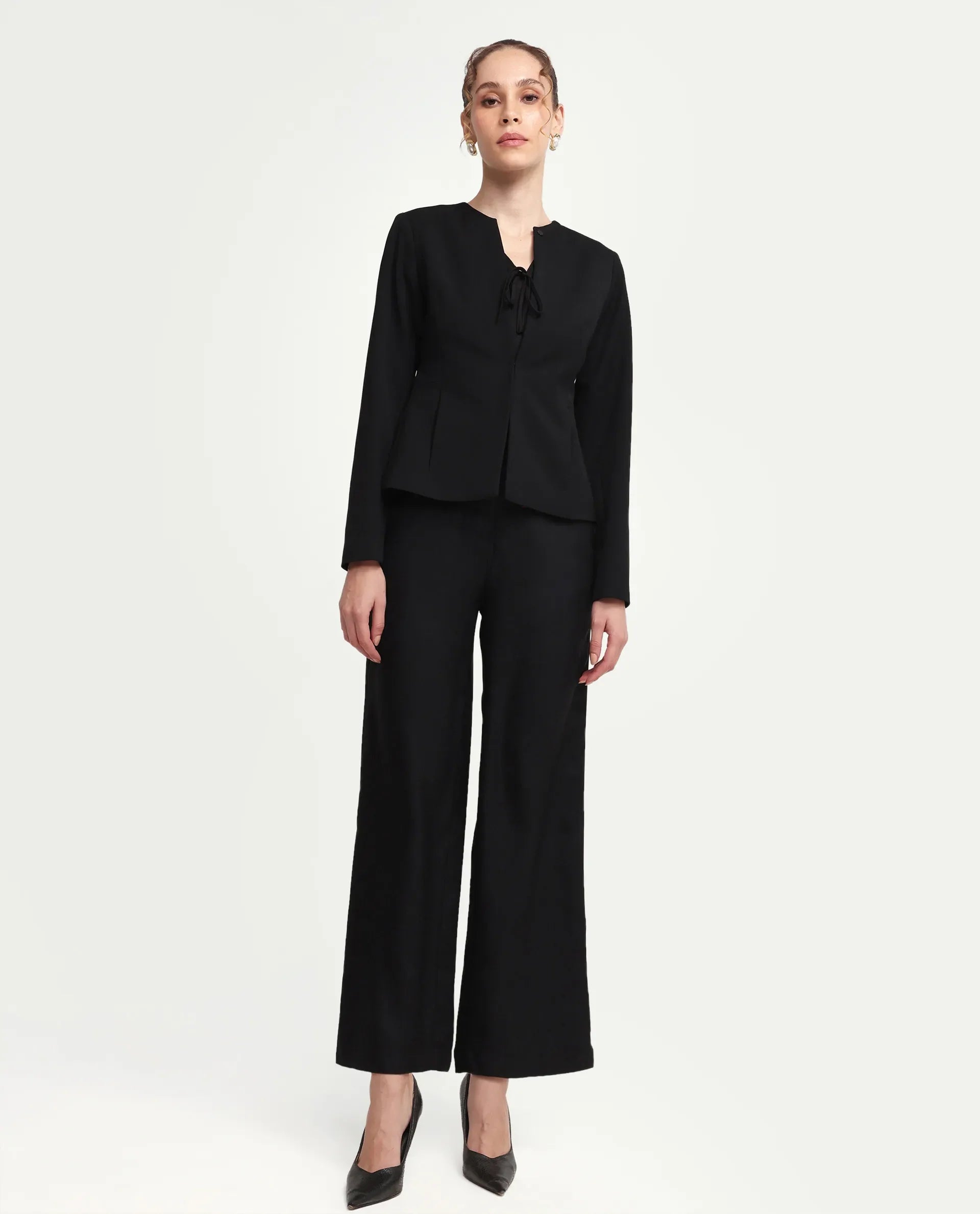 Rareism Women's Vrait Black Polyester Straight Plain Trouser
