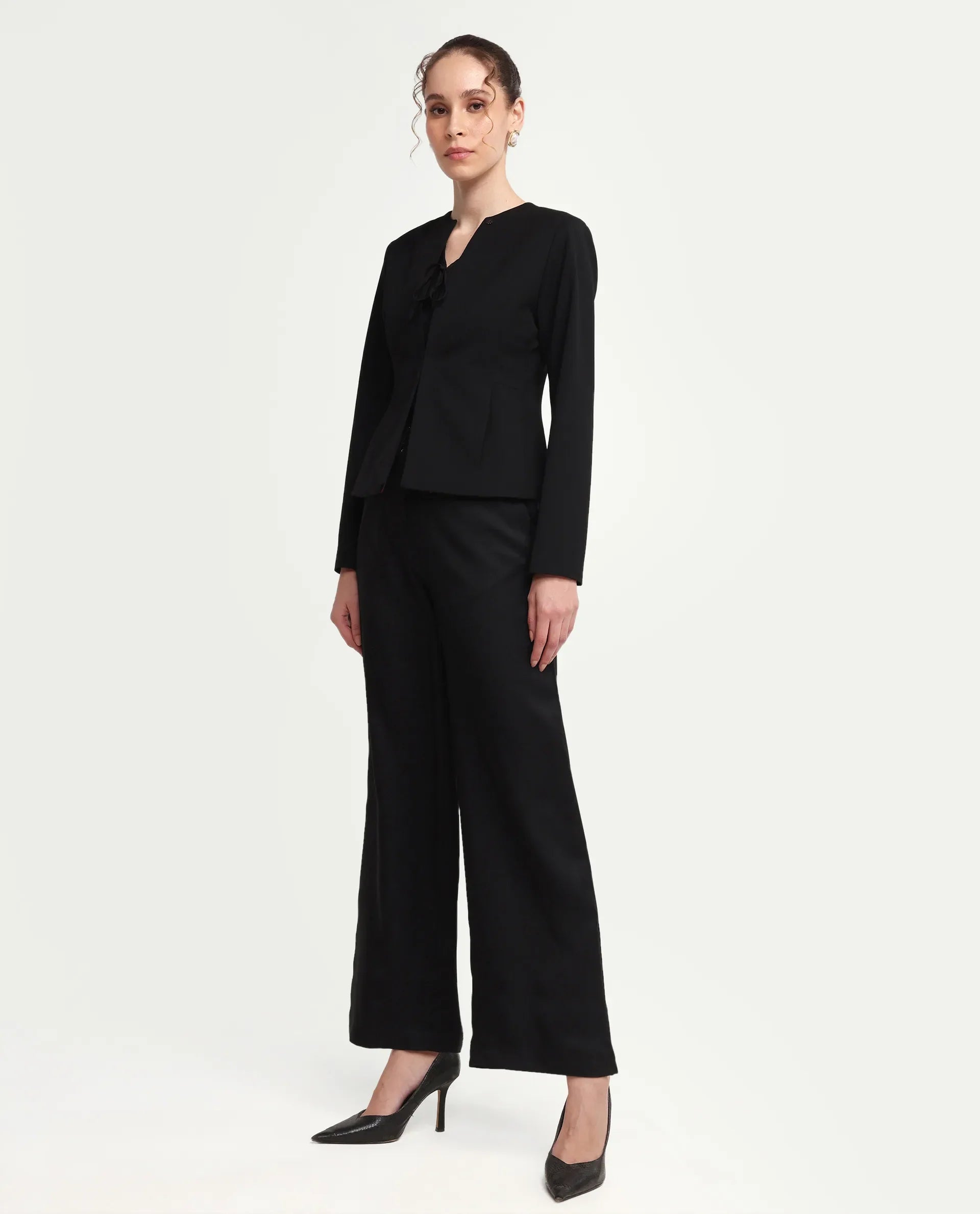 Rareism Women's Vrait Black Polyester Straight Plain Trouser