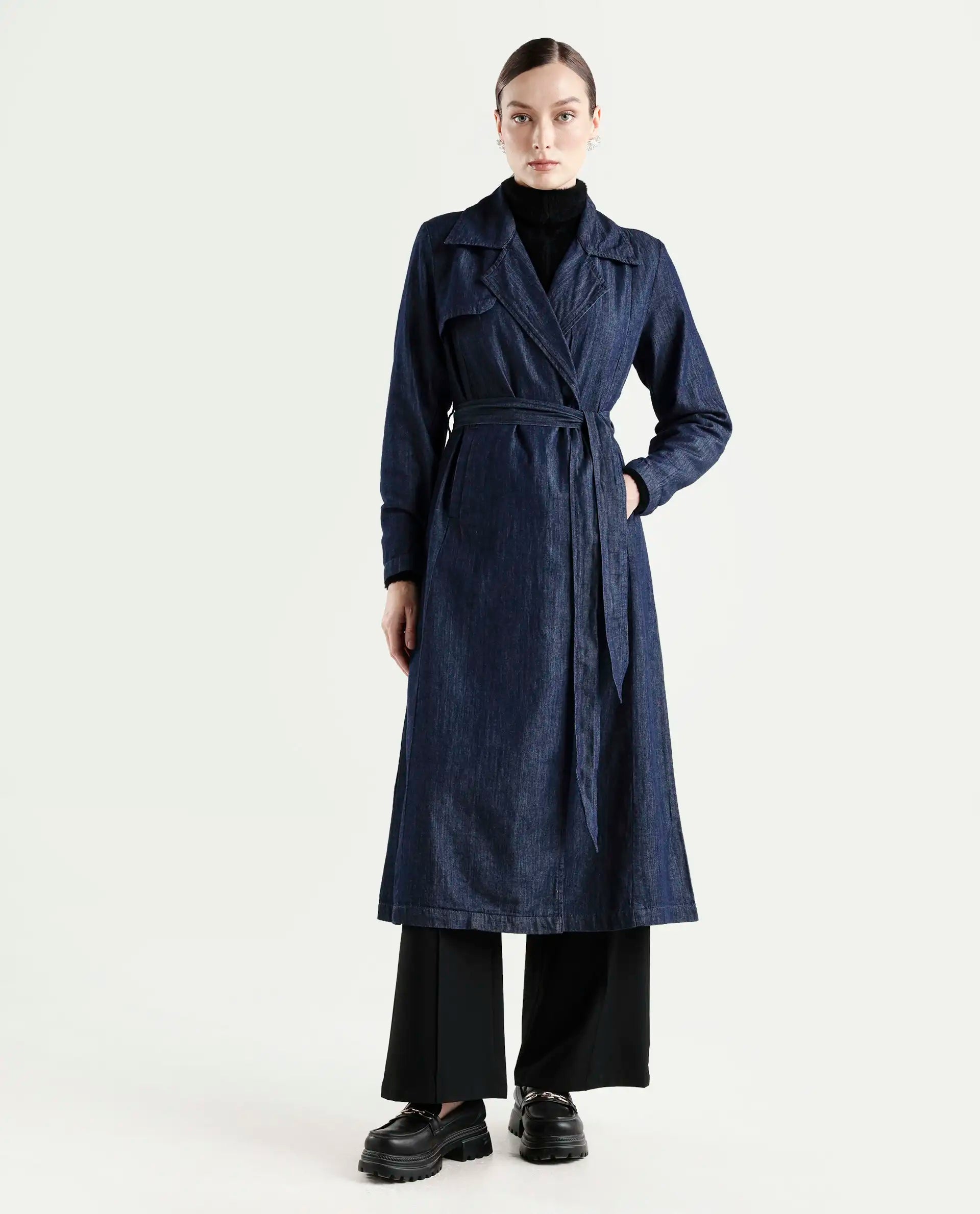 Rareism Women's Dentren Dark Blue Polyester Full Sleeve Lapel Collar Relaxed Fit Plain Coat