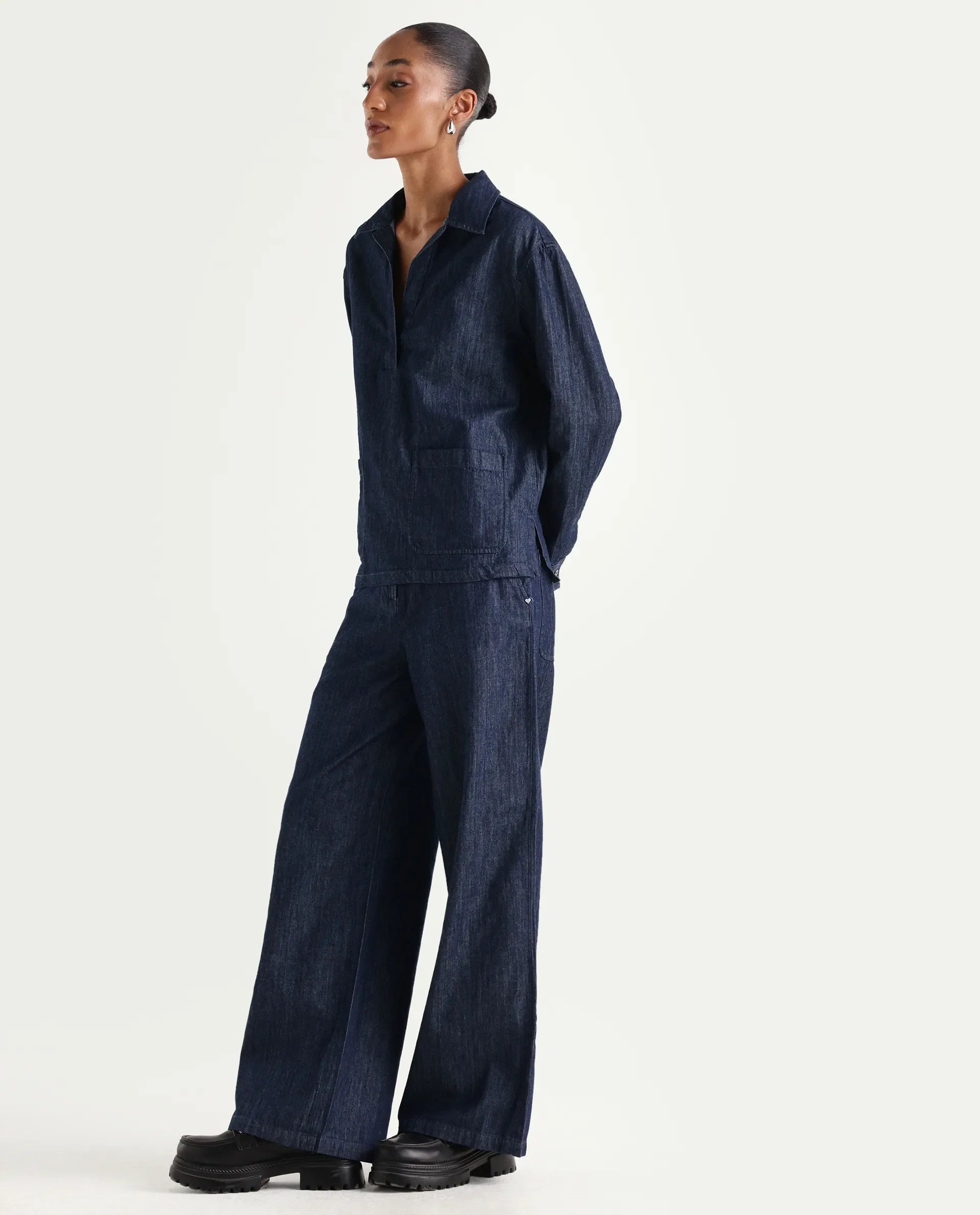 Rareism Women's Dento-B Dark Blue Cotton Wide Plain Jeans