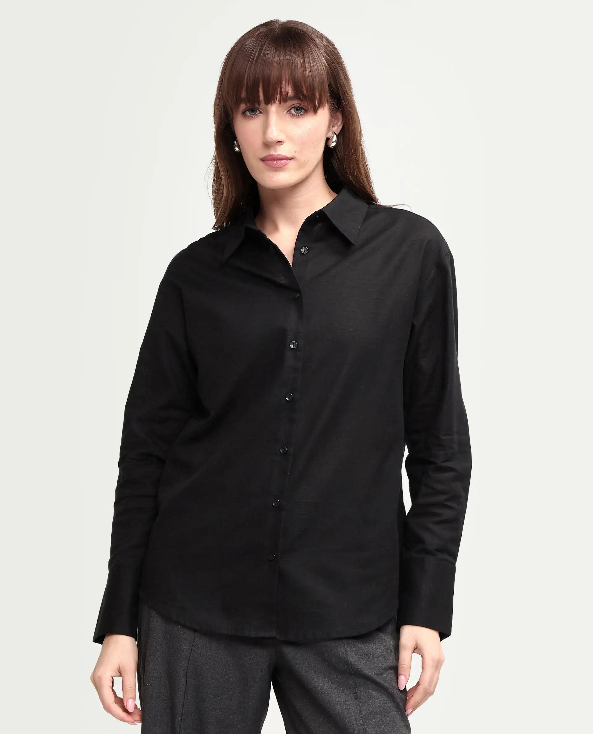 Rareism Women's Mewok Black Cotton Blend Full Sleeve Spread Collar Regular Plain Shirt