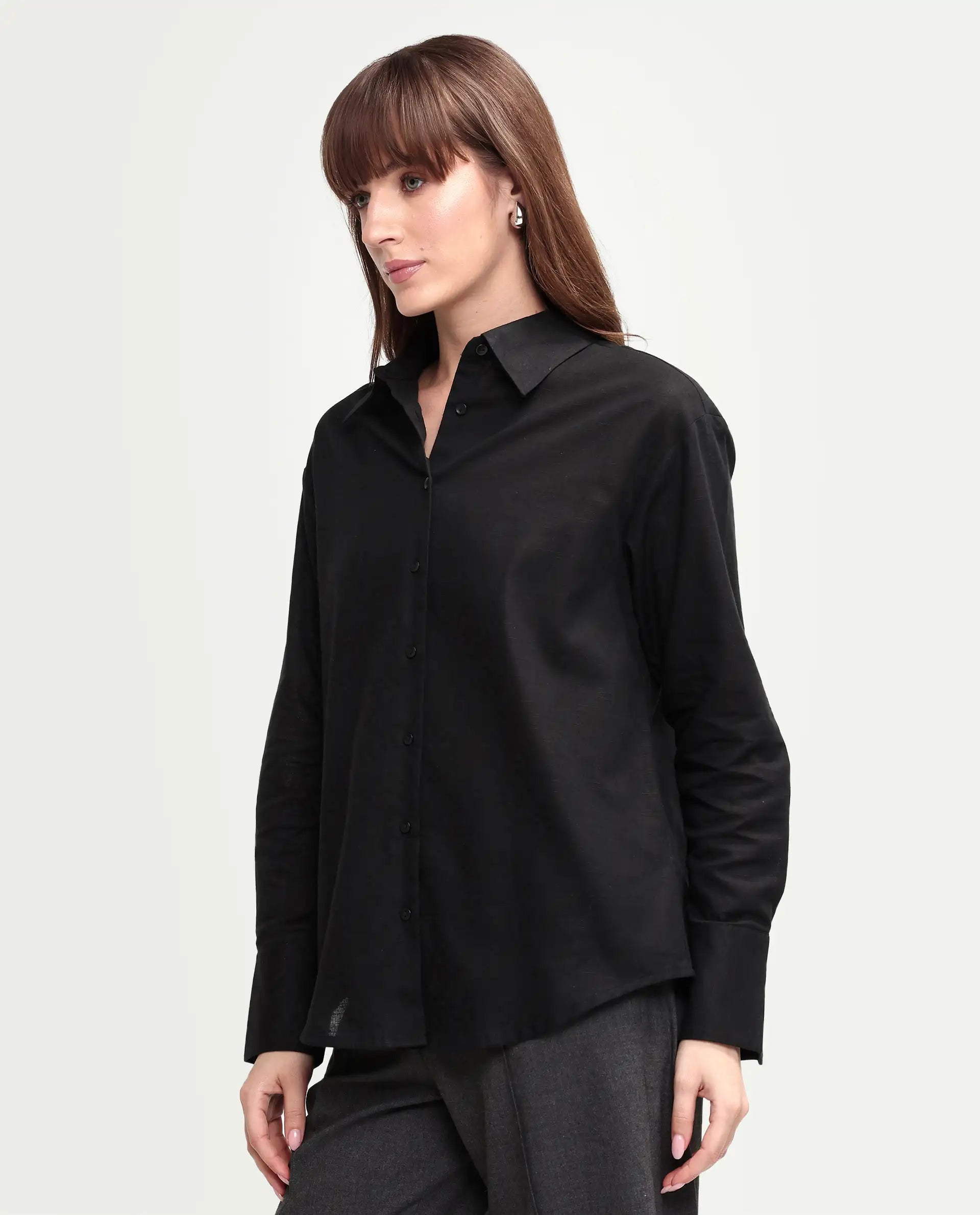 Rareism Women's Mewok Black Cotton Blend Full Sleeve Spread Collar Regular Plain Shirt