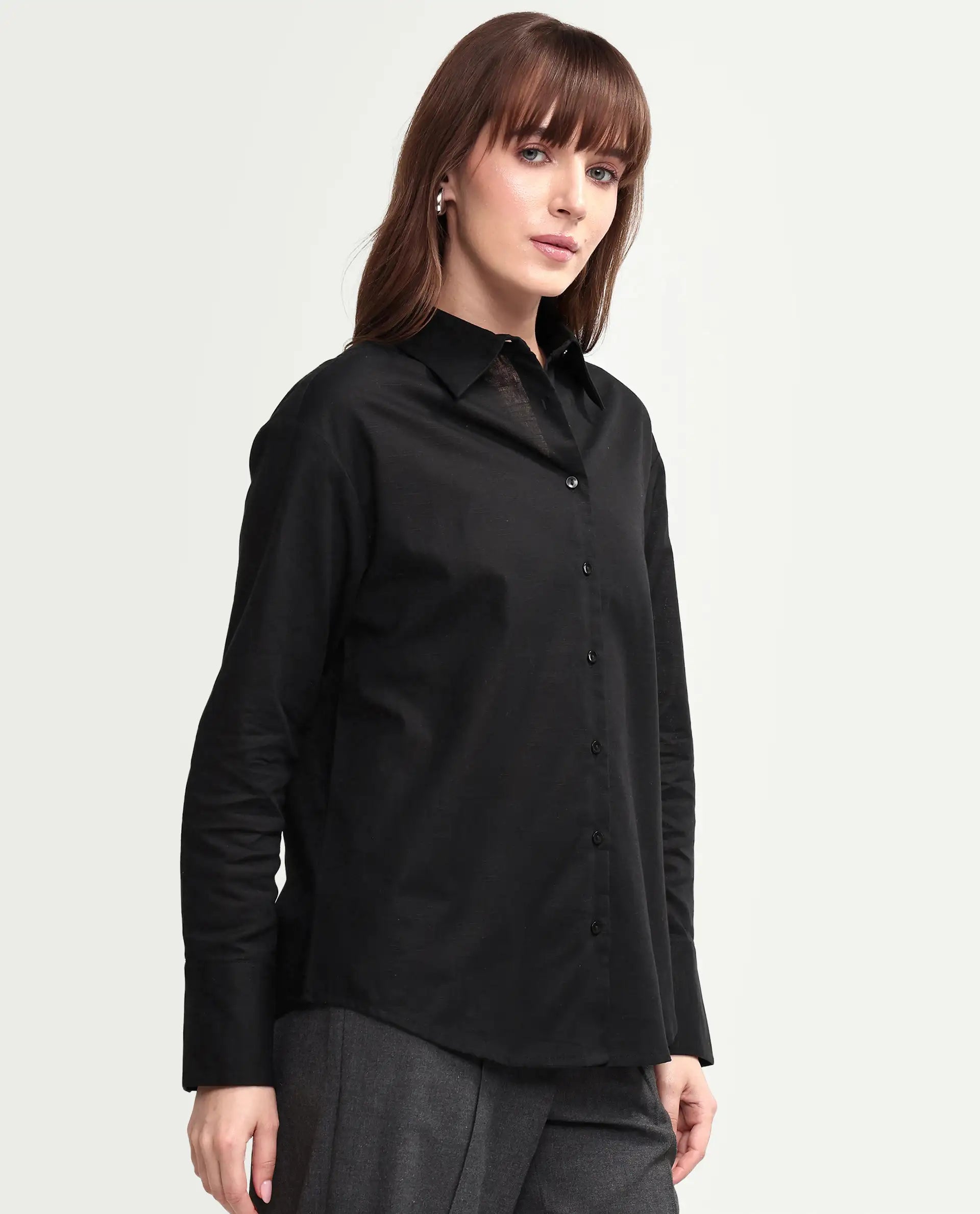 Rareism Women's Mewok Black Cotton Blend Full Sleeve Spread Collar Regular Plain Shirt