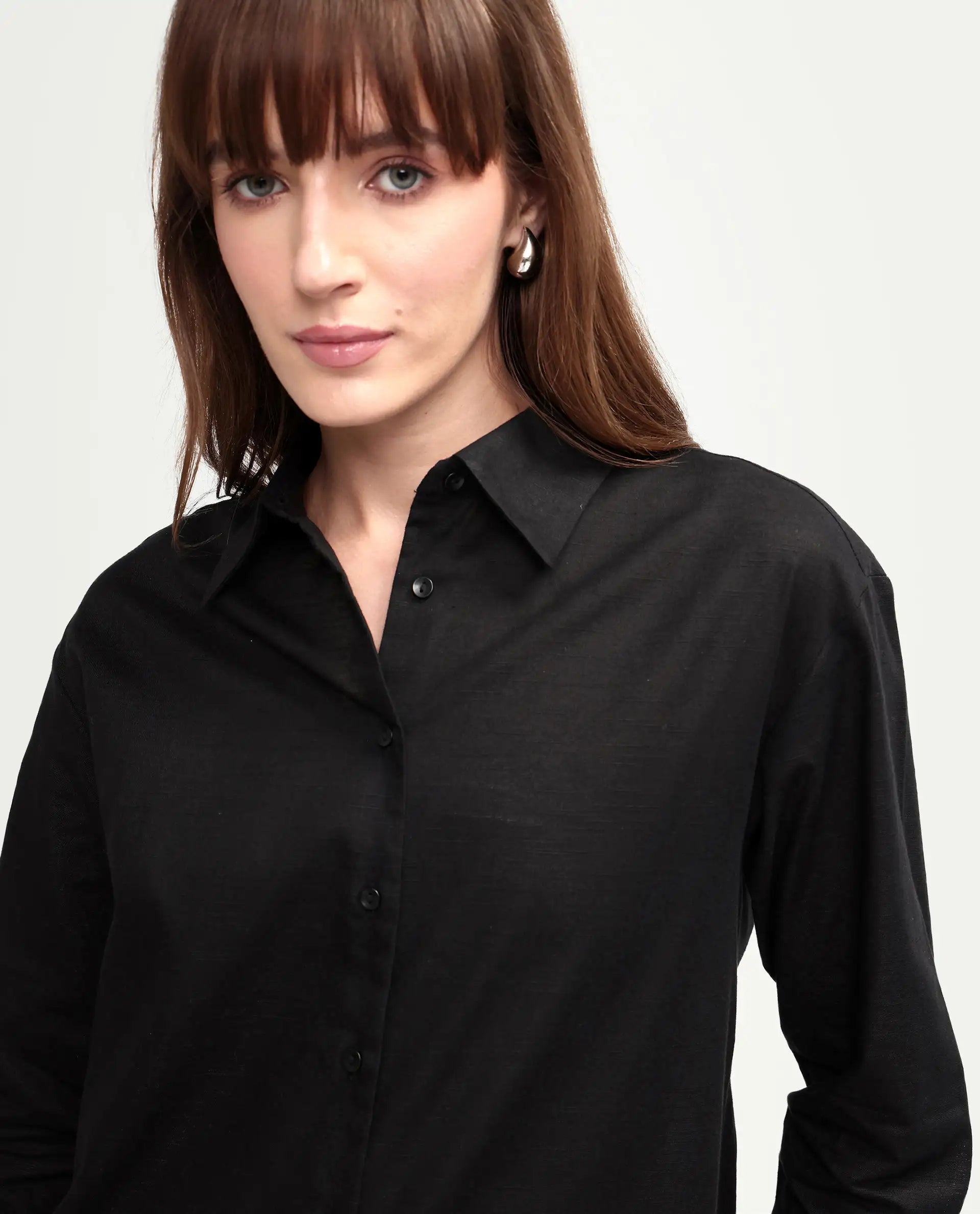 Rareism Women's Mewok Black Cotton Blend Full Sleeve Spread Collar Regular Plain Shirt
