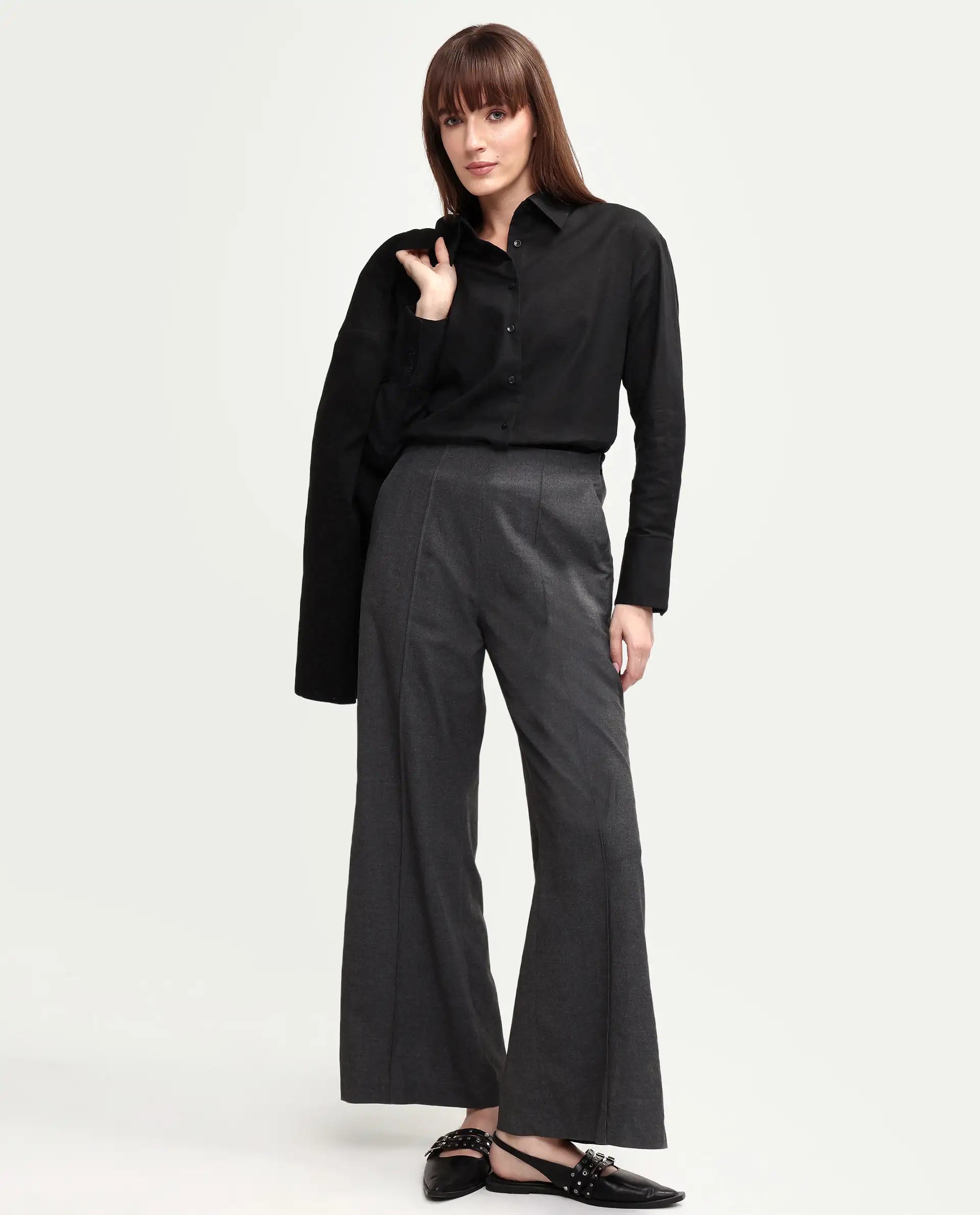 Rareism Women's Mewok Black Cotton Blend Full Sleeve Spread Collar Regular Plain Shirt