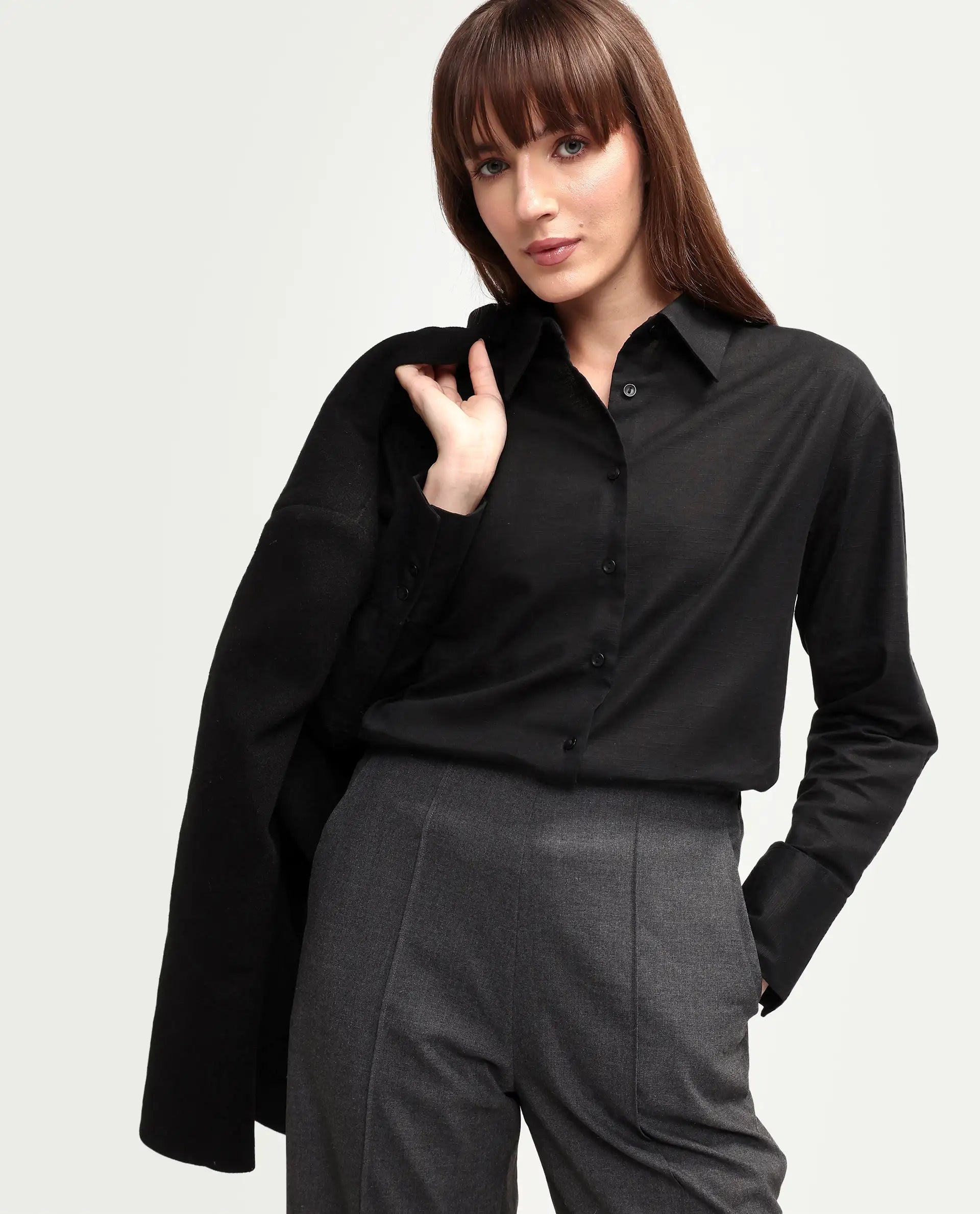 Rareism Women's Mewok Black Cotton Blend Full Sleeve Spread Collar Regular Plain Shirt