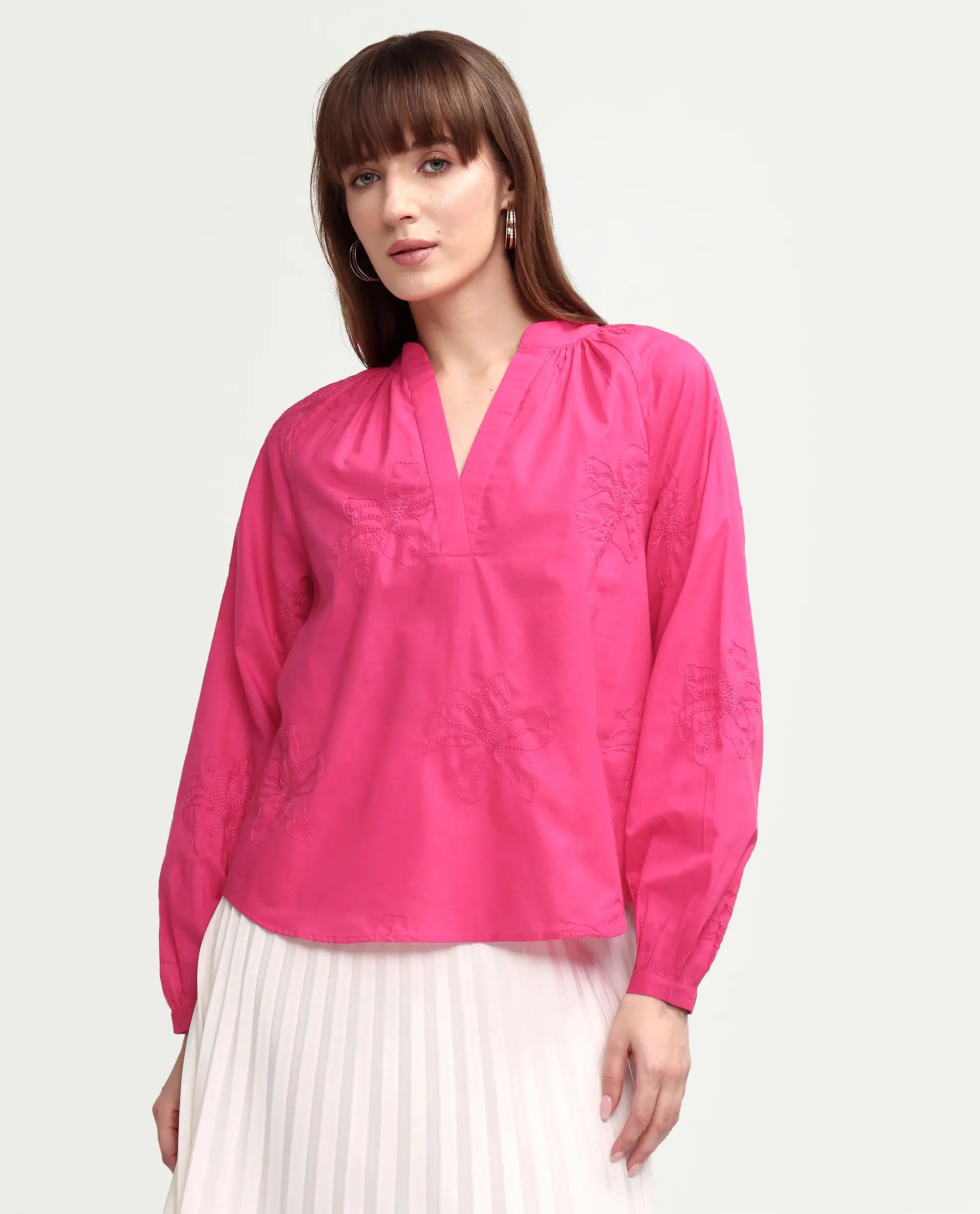 Rareism Women's Mabzi Pink Cotton Blend Full Sleeve Mandarin Collar Regular Embroidered Top