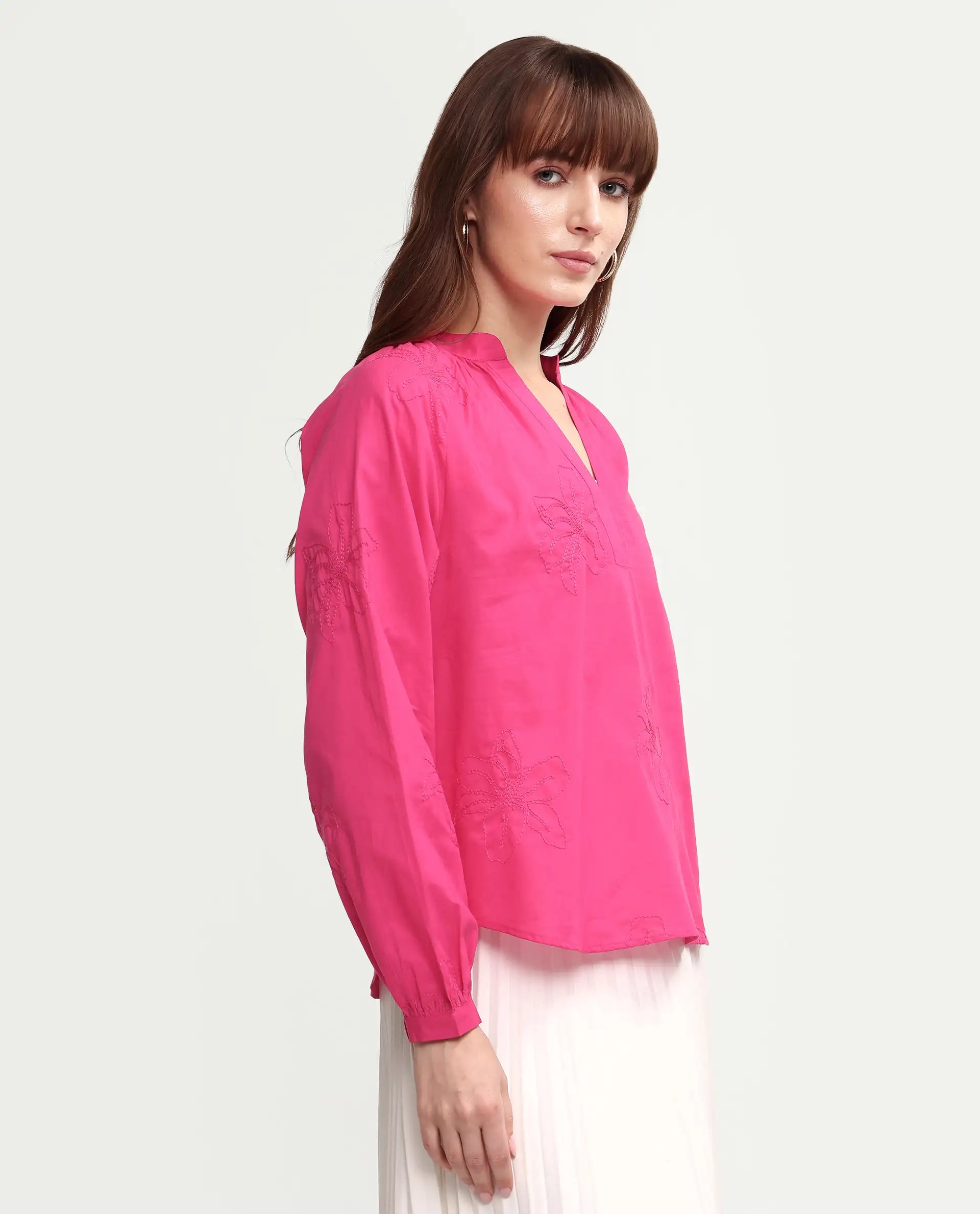 Rareism Women's Mabzi Pink Cotton Blend Full Sleeve Mandarin Collar Regular Embroidered Top