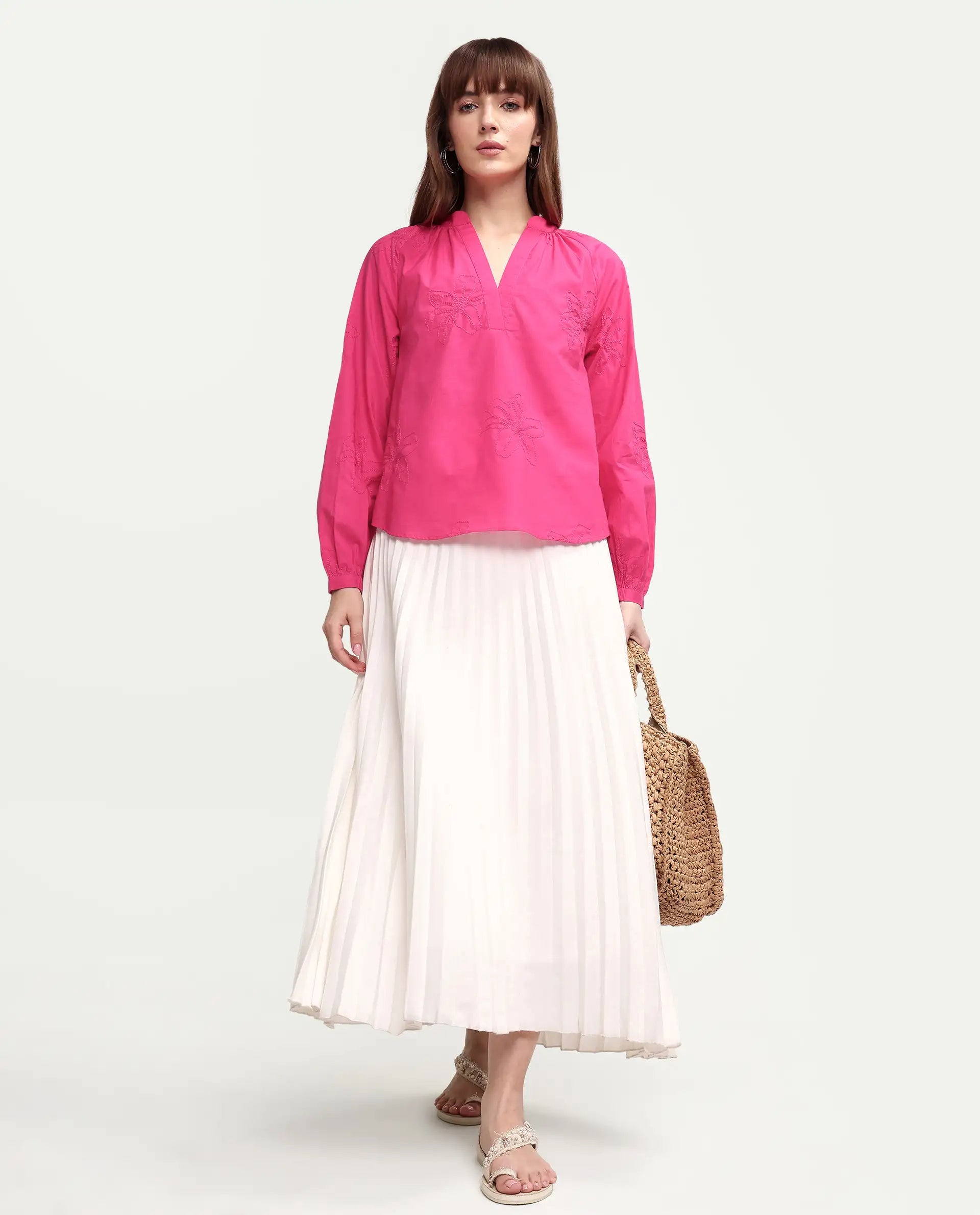 Rareism Women's Mabzi Pink Cotton Blend Full Sleeve Mandarin Collar Regular Embroidered Top