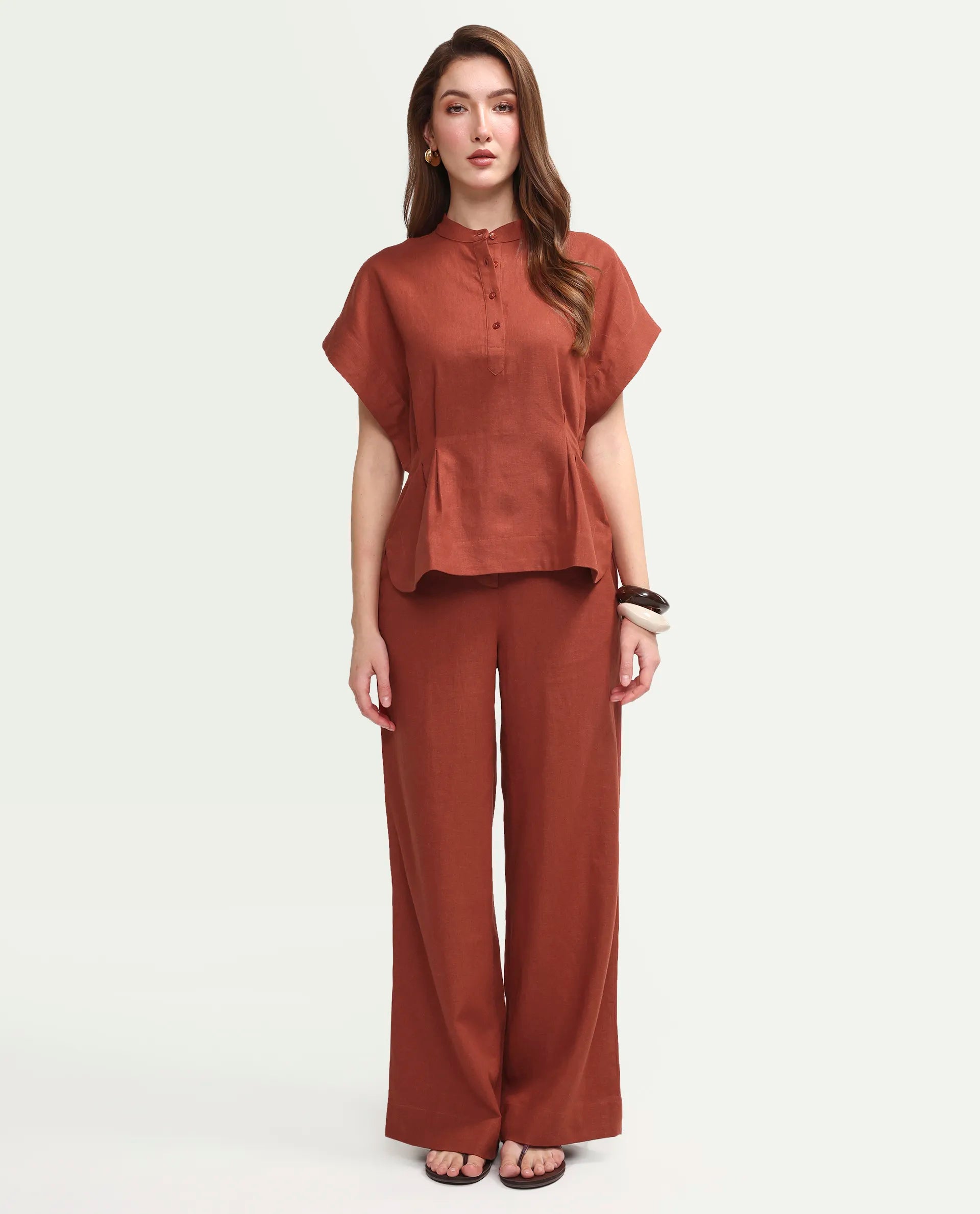 Rareism Women's Mappy-B Rust Linen Blend Wide Plain Trouser