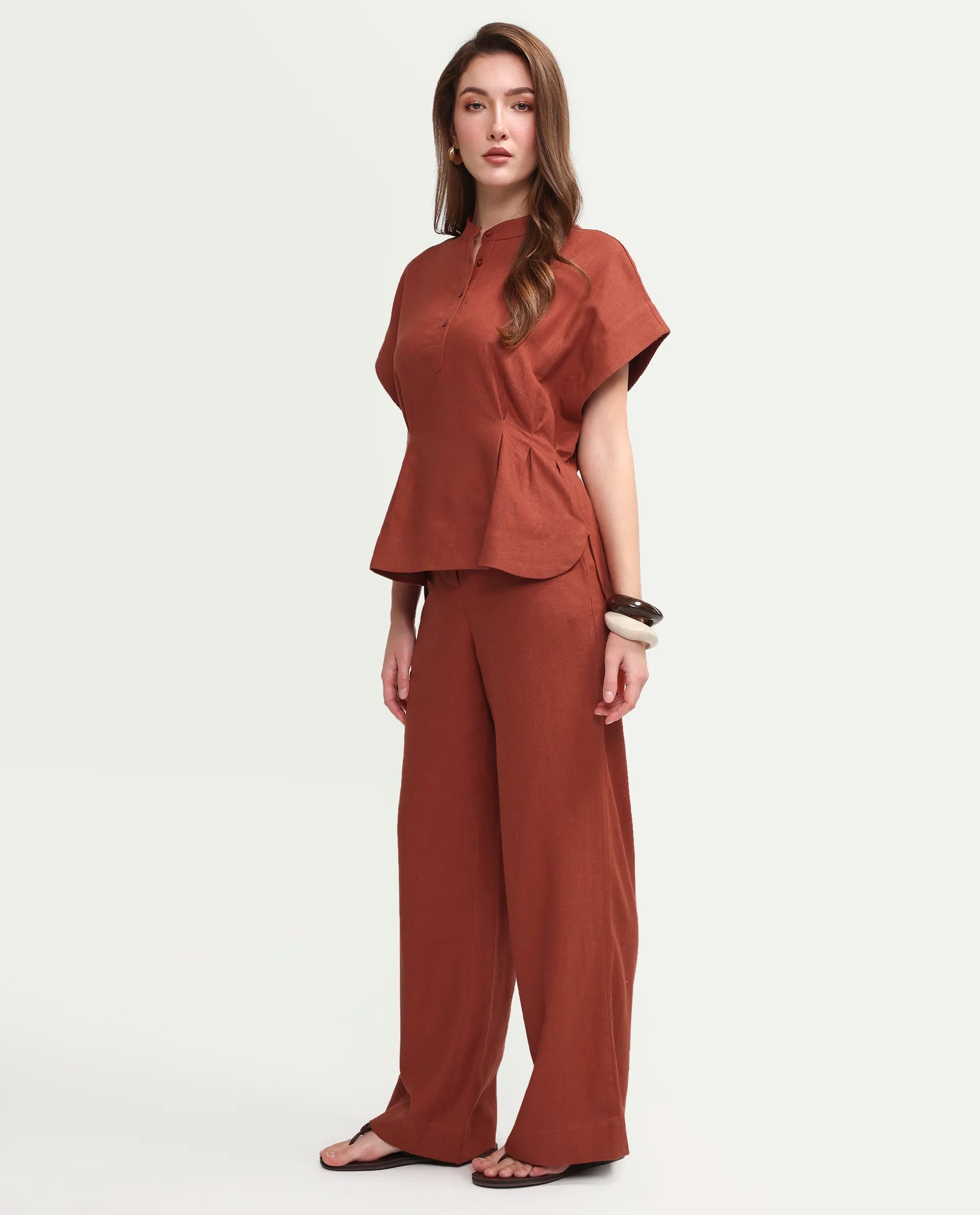 Rareism Women's Mappy-B Rust Linen Blend Wide Plain Trouser