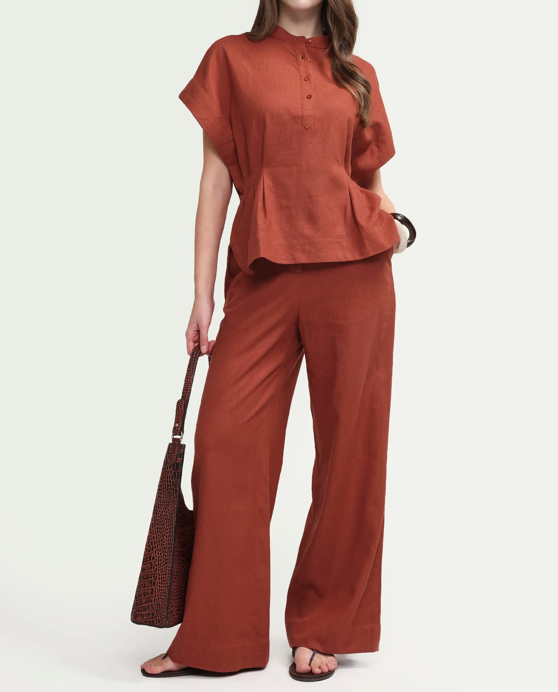 Rareism Women's Mappy-B Rust Linen Blend Wide Plain Trouser