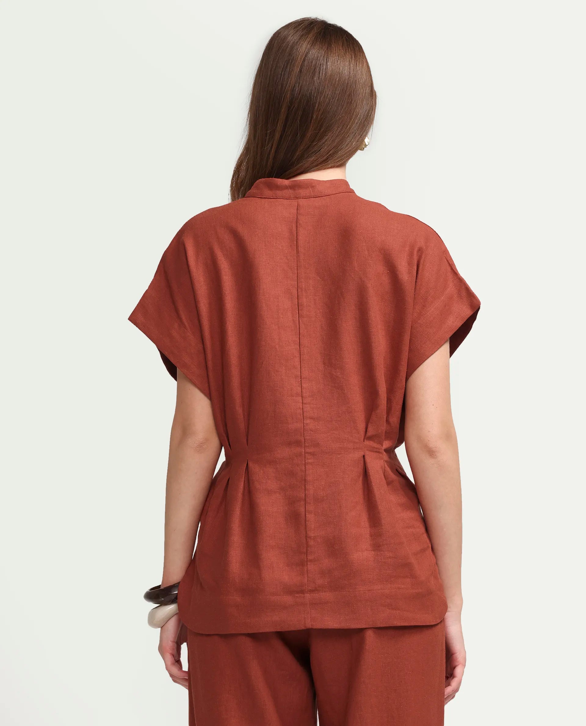 Rareism Women's Mappy-T Rust Linen Blend Half Sleeve Mandarin Collar Relaxed Top