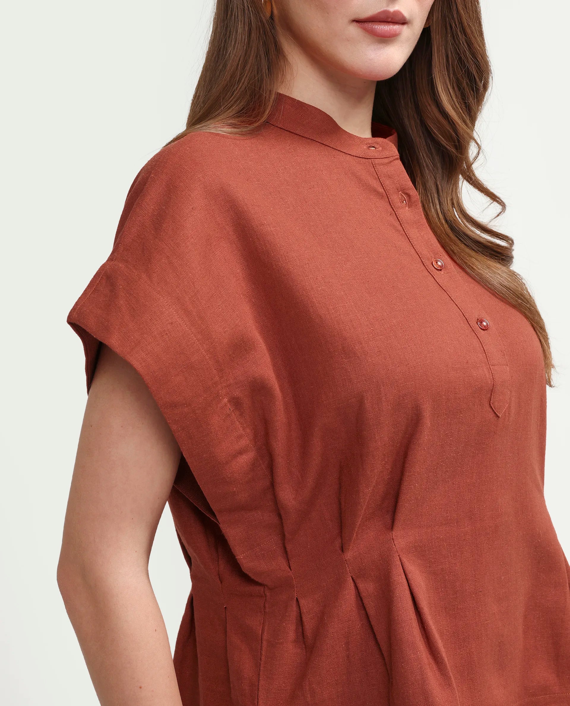 Rareism Women's Mappy-T Rust Linen Blend Half Sleeve Mandarin Collar Relaxed Top
