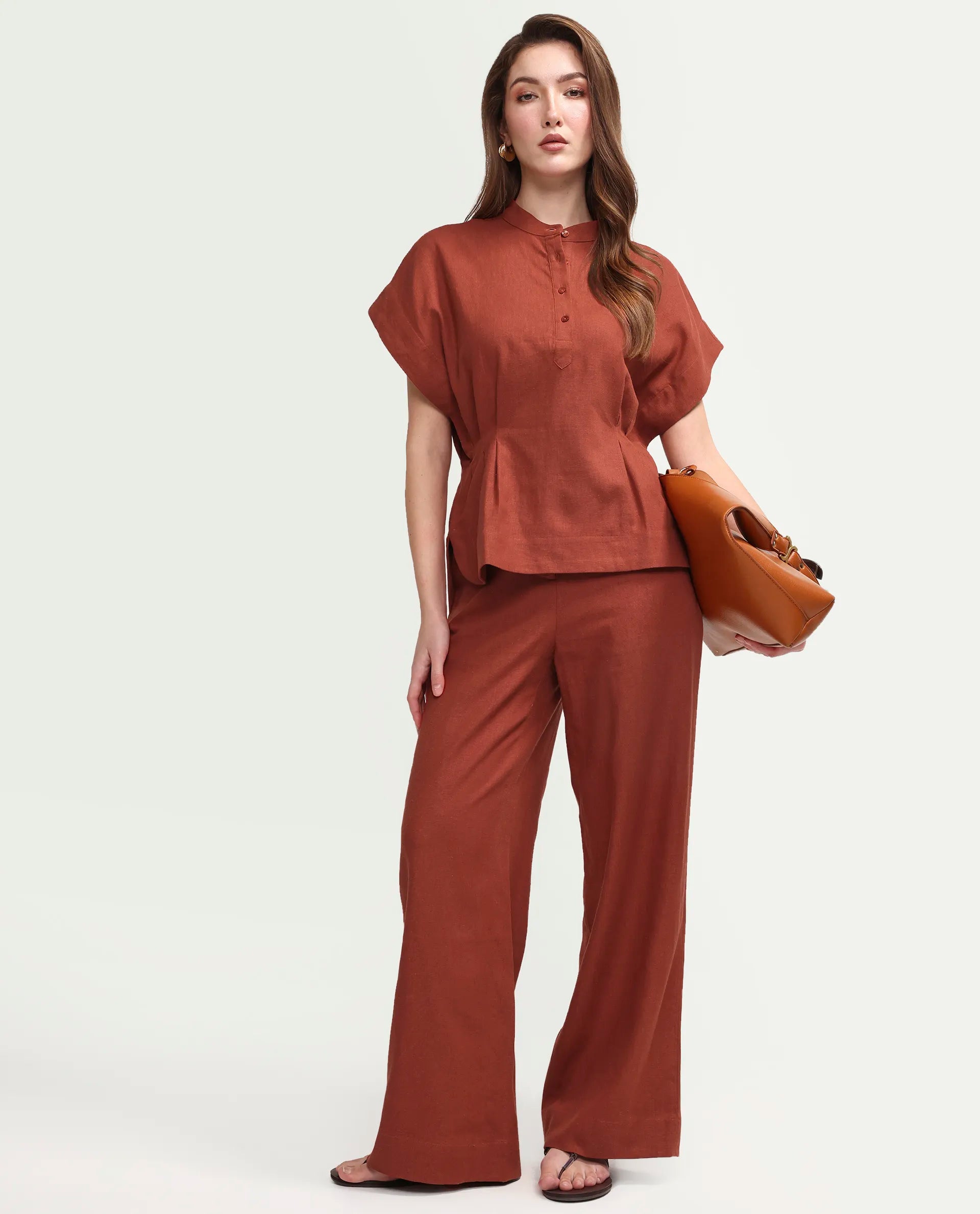 Rareism Women's Mappy-T Rust Linen Blend Half Sleeve Mandarin Collar Relaxed Top