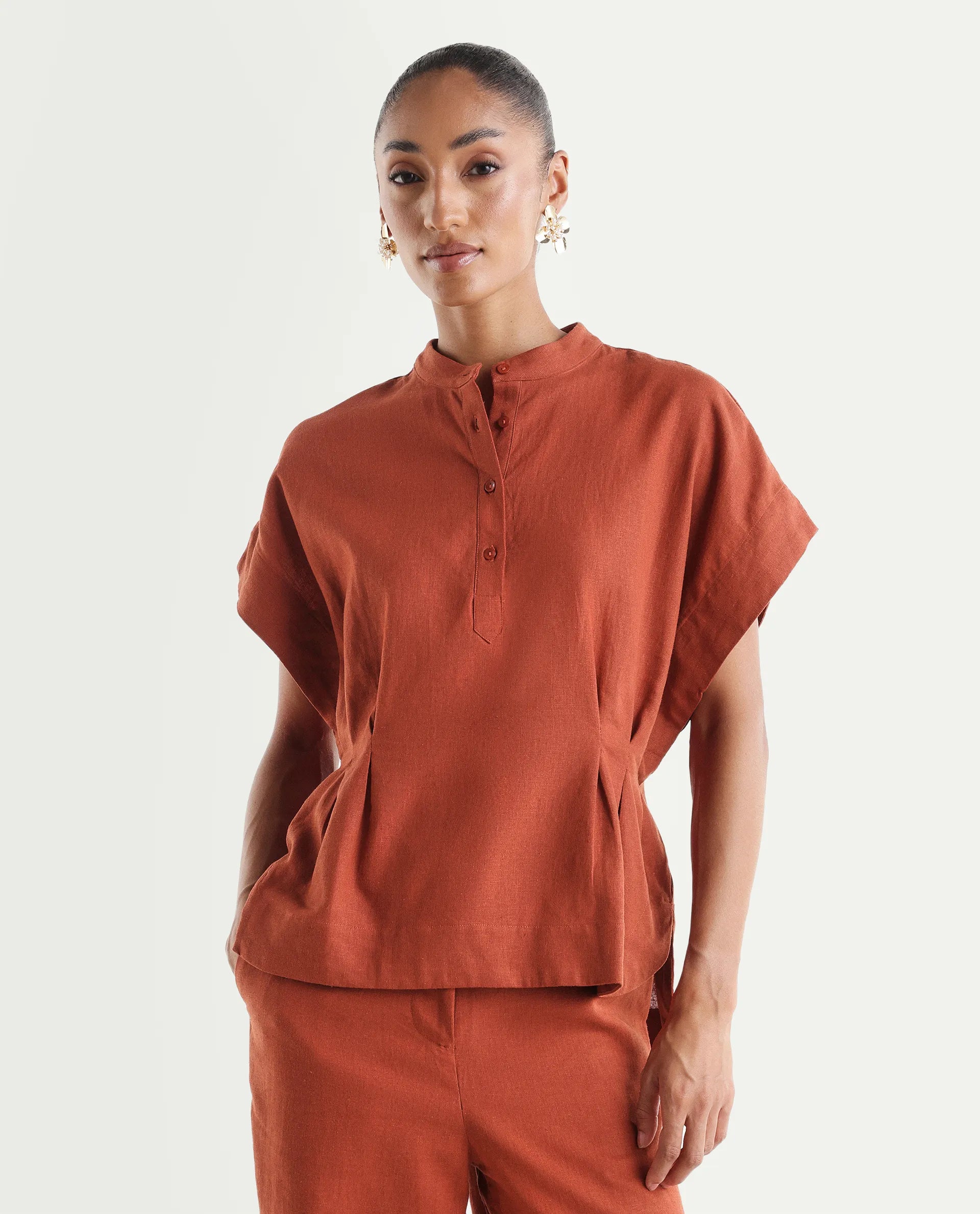 Rareism Women's Mappy-T Rust Linen Half Sleeve Mandarin Collar Relaxed Top