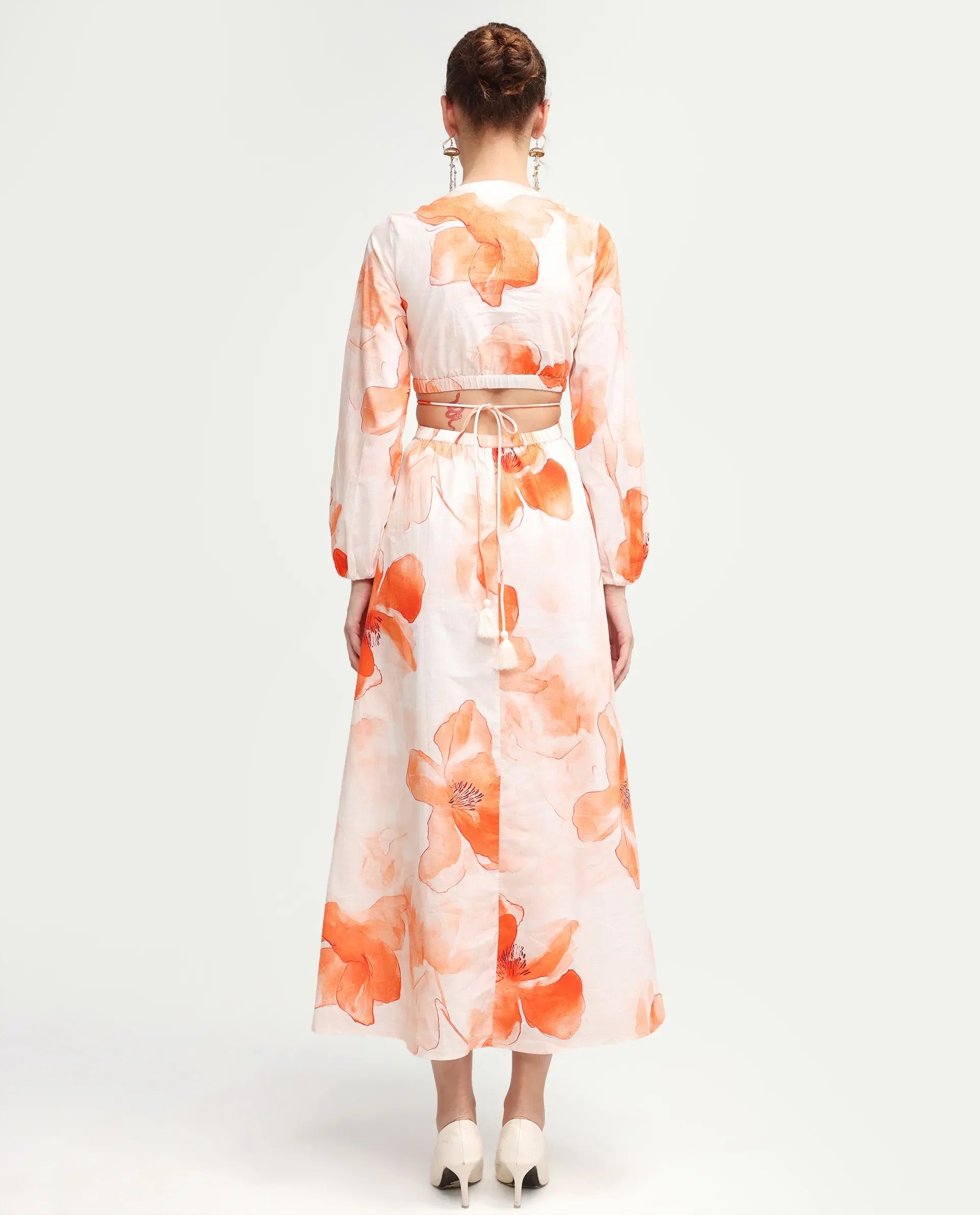 Rareism Women's Mefi Multi Cotton Blend Full Sleeve V-Neck Fit And Flare Floral Print Dress