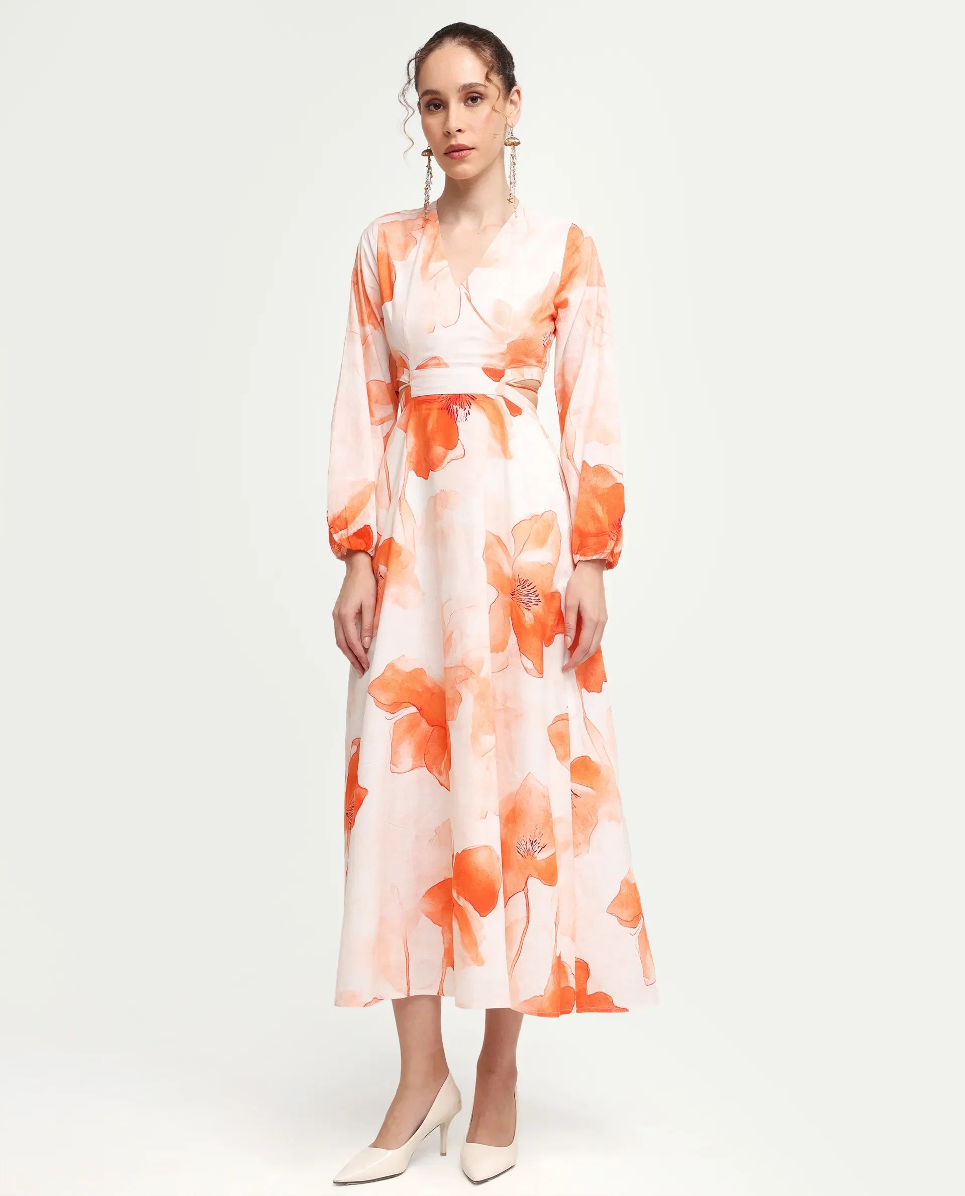 Rareism Women's Mefi Multi Cotton Blend Full Sleeve V-Neck Fit And Flare Floral Print Dress