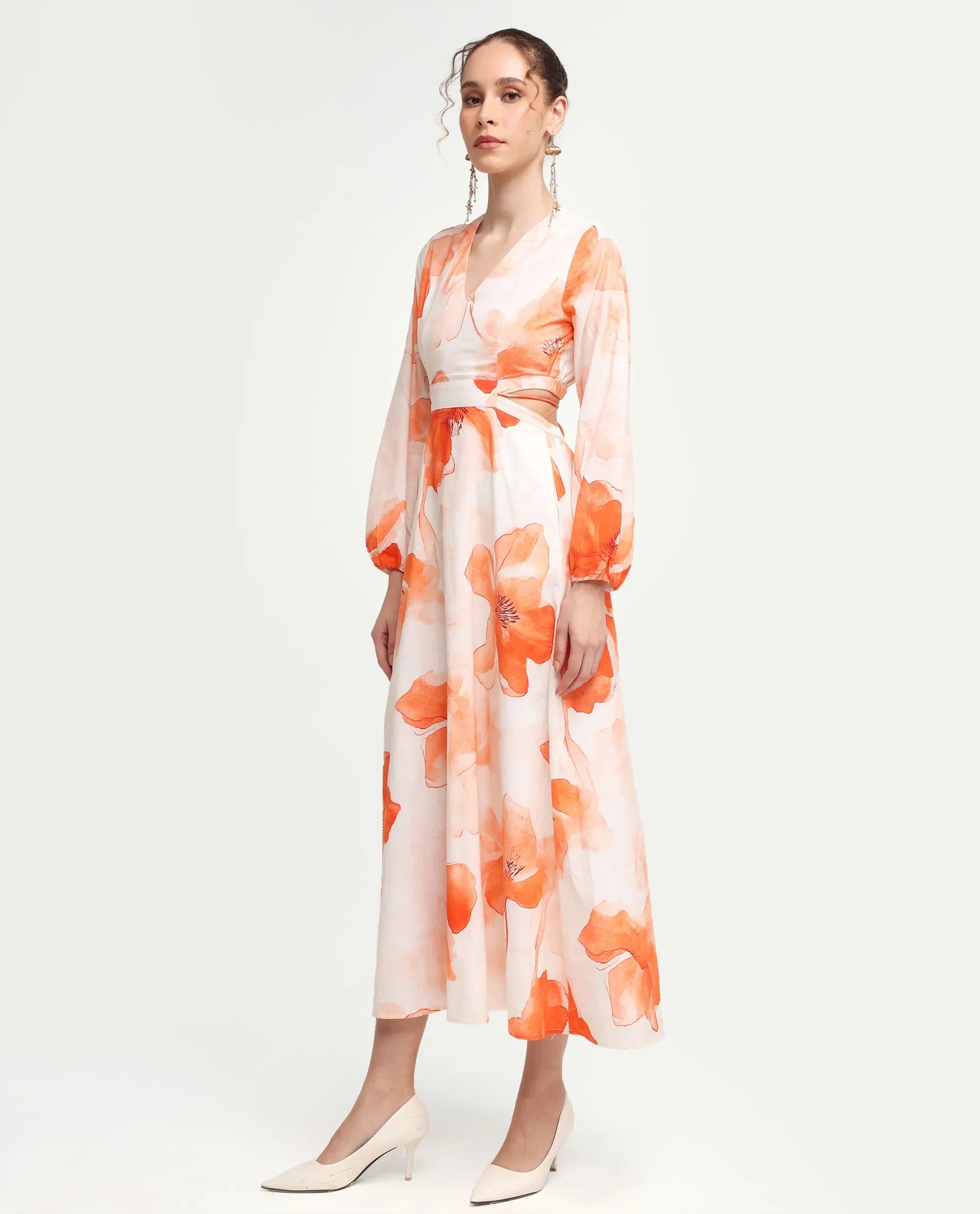 Rareism Women's Mefi Multi Cotton Blend Full Sleeve V-Neck Fit And Flare Floral Print Dress