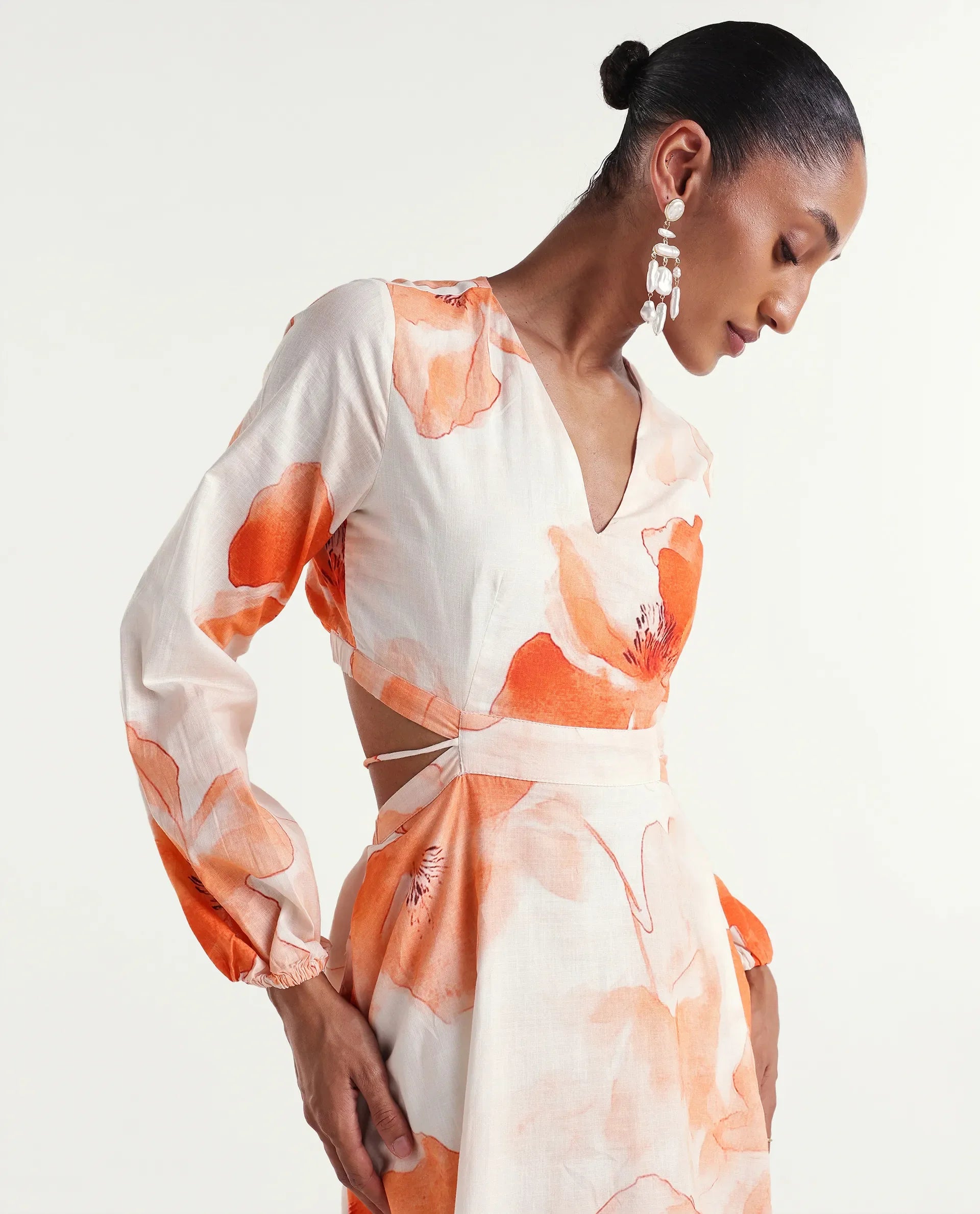 Rareism Women's Mefi Multi Cotton Full Sleeve V-Neck Fit And Flare Floral Print Dress