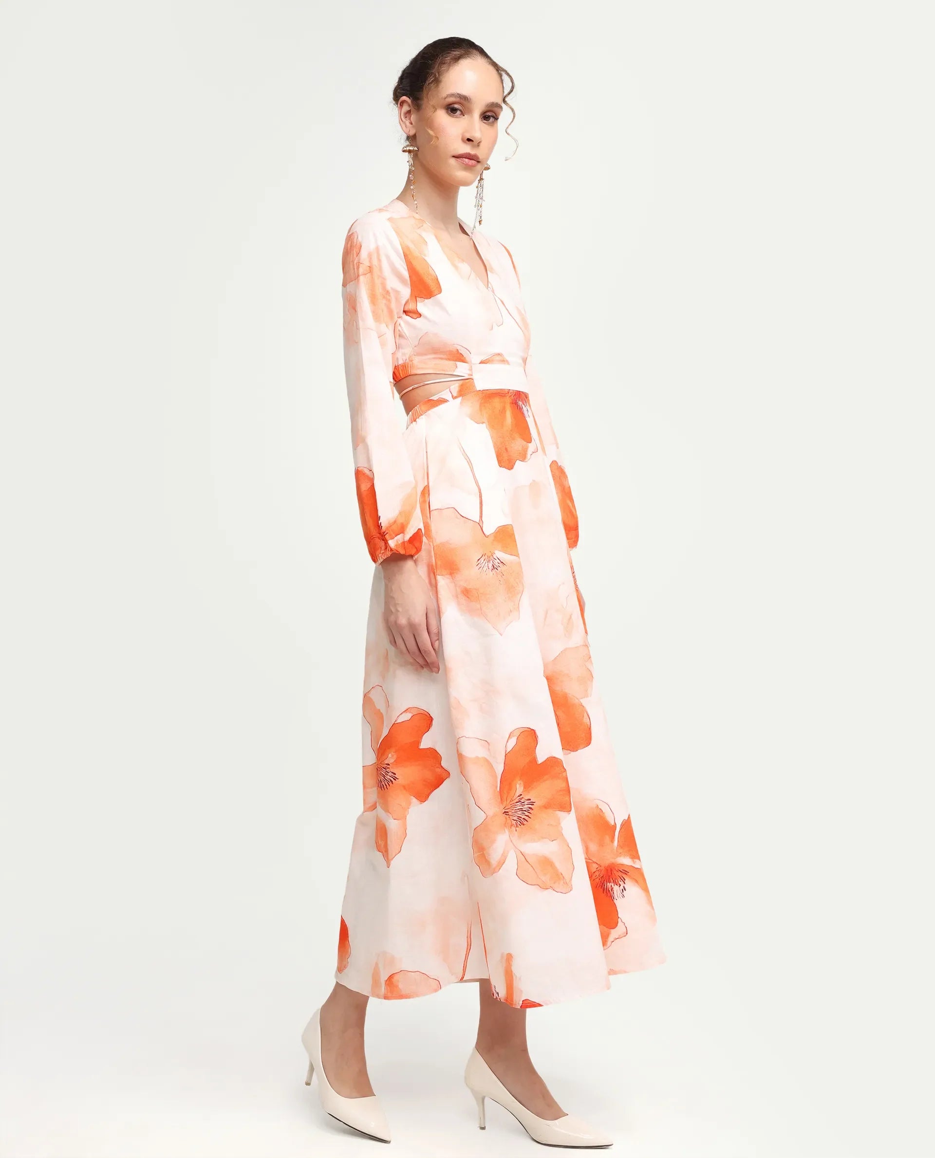 Rareism Women's Mefi Multi Cotton Blend Full Sleeve V-Neck Fit And Flare Floral Print Dress