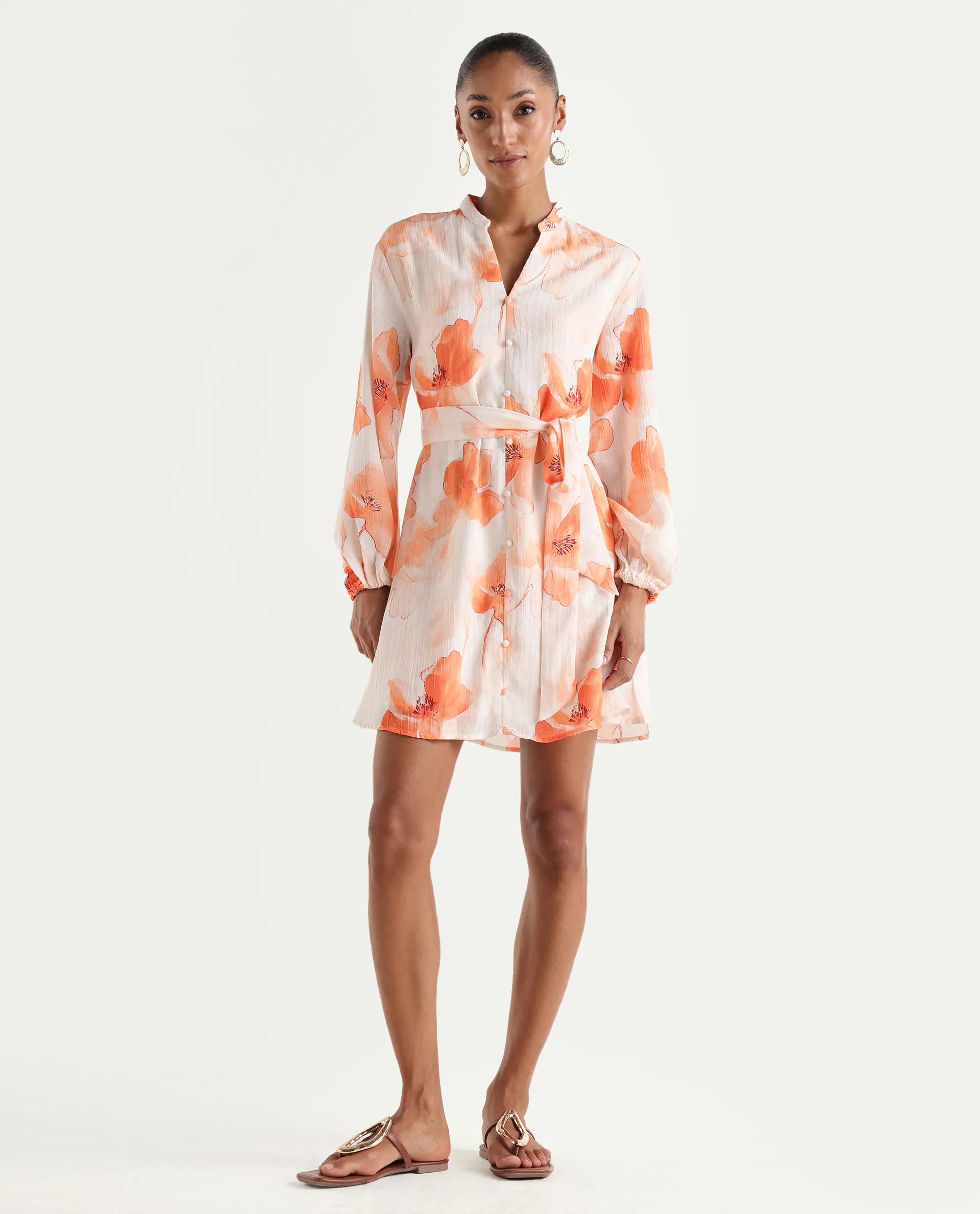 Rareism Women's Memti Light Multi Polyester Full Sleeve Mandarin Collar A-Line Floral Print Dress