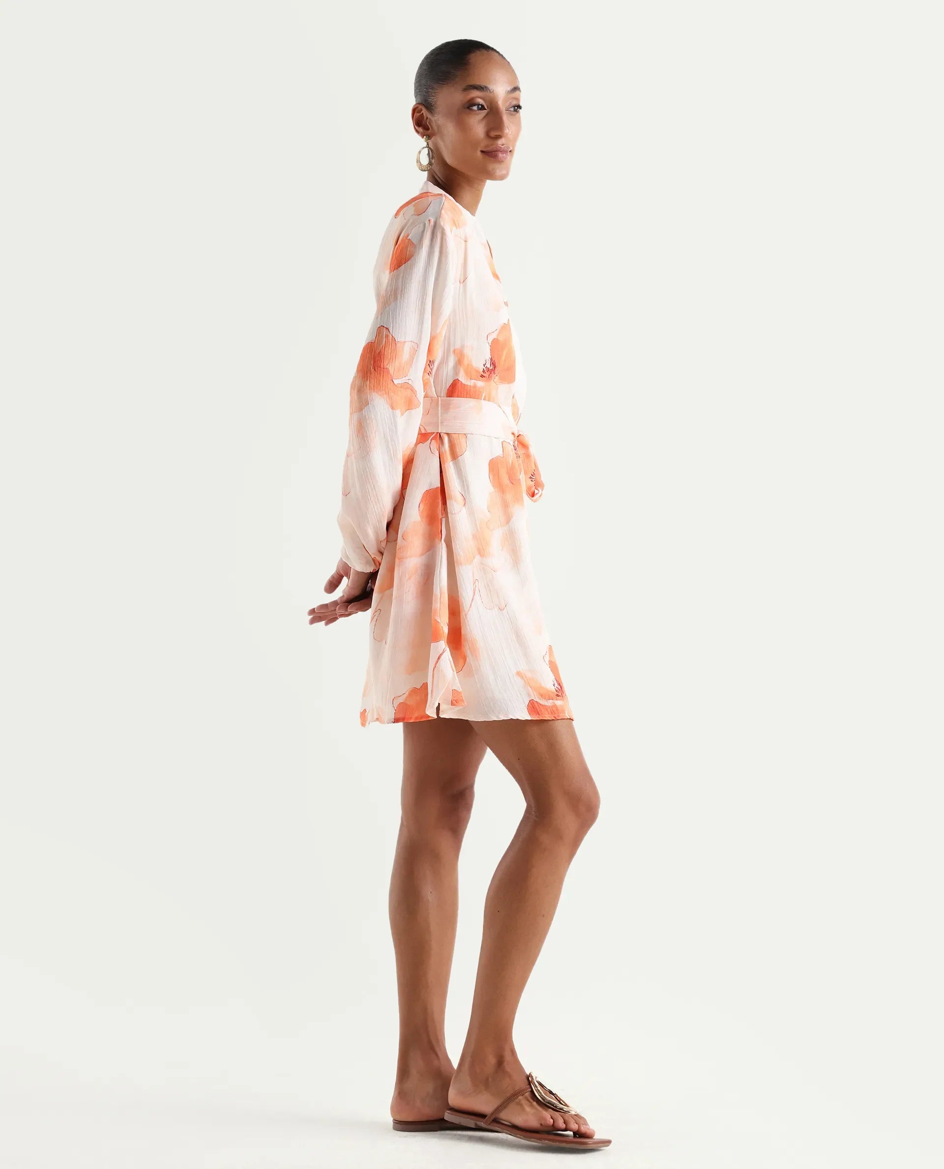Rareism Women's Memti Light Multi Polyester Full Sleeve Mandarin Collar A-Line Floral Print Dress
