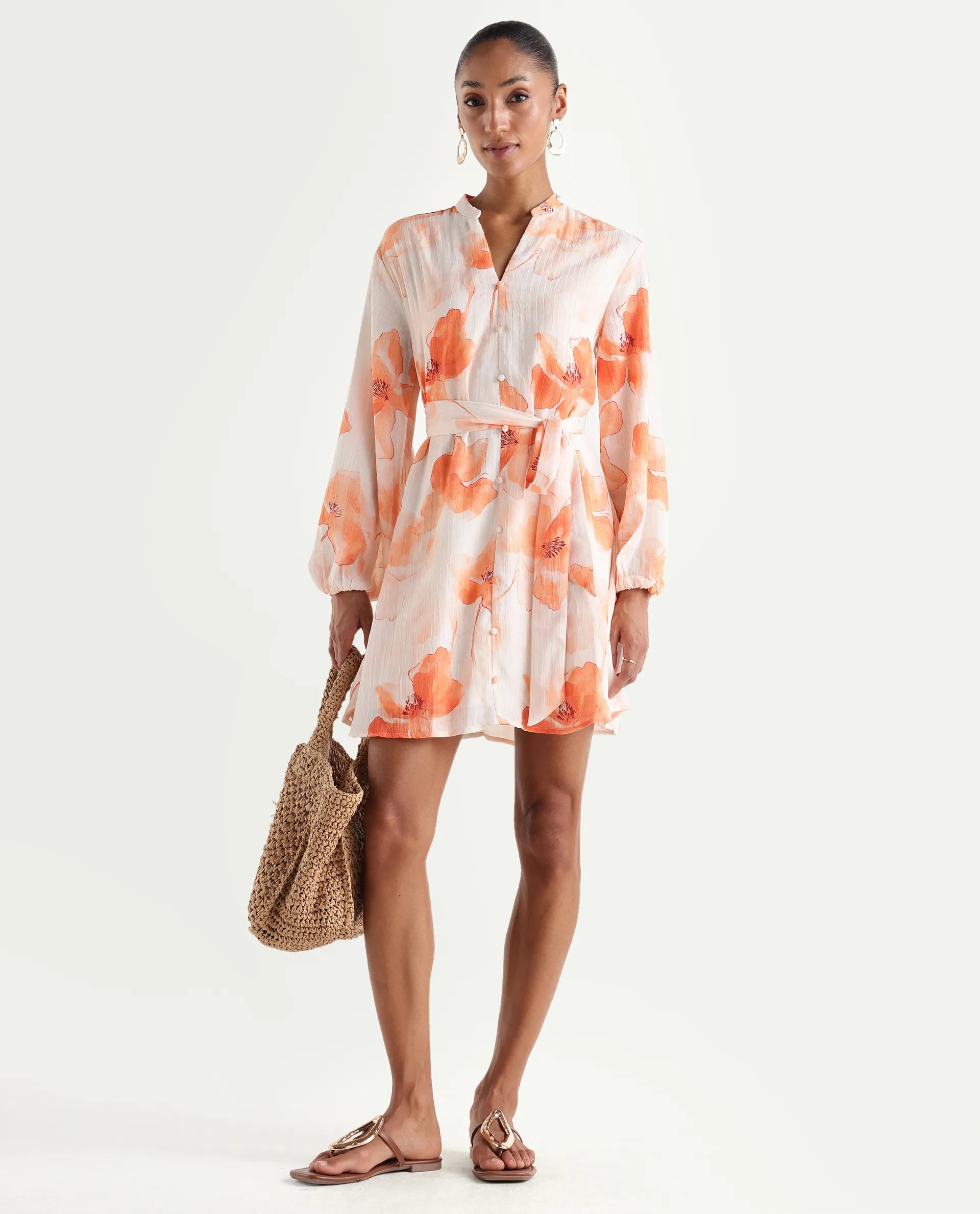 Rareism Women's Memti Light Multi Polyester Full Sleeve Mandarin Collar A-Line Floral Print Dress