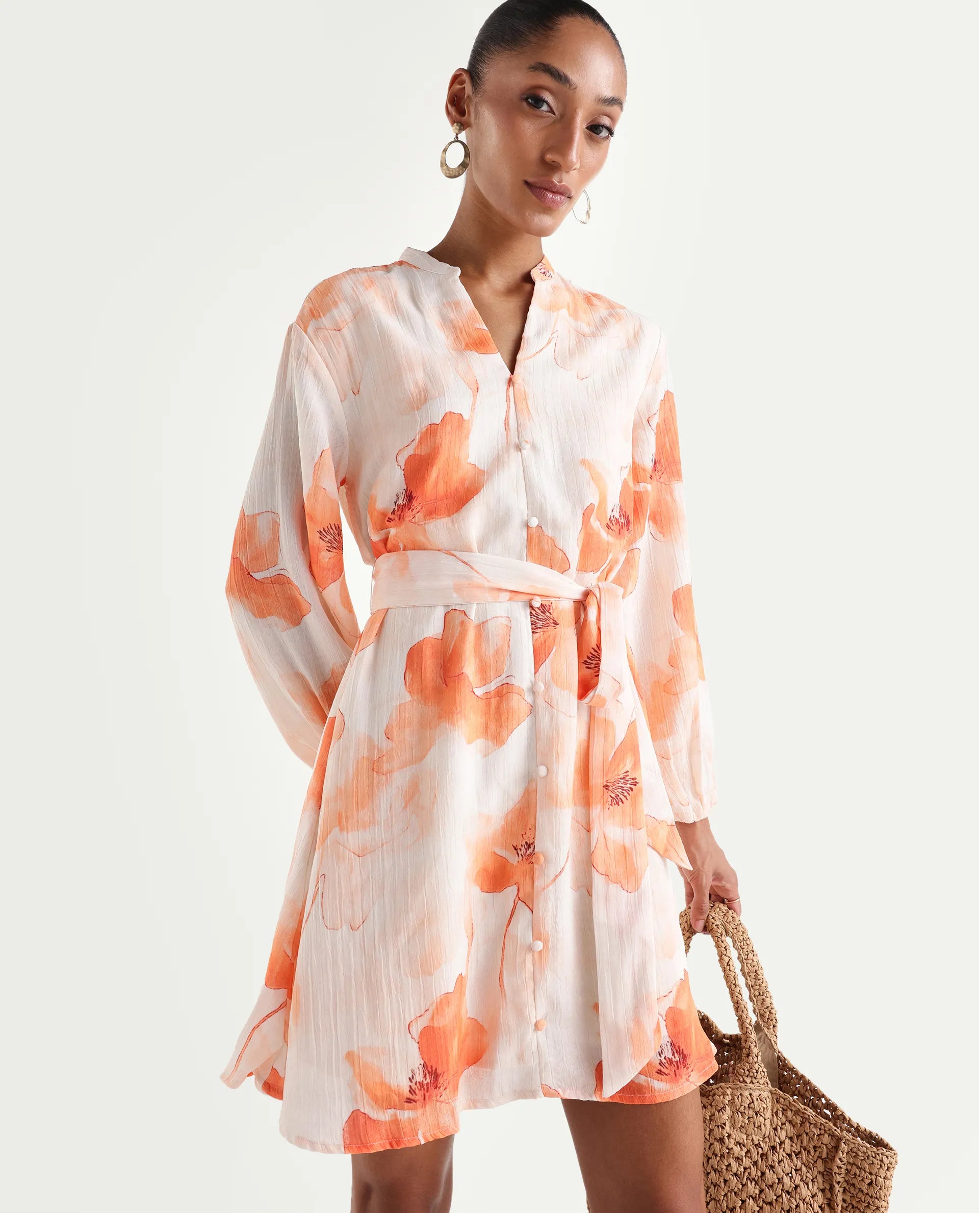 Rareism Women's Memti Light Multi Polyester Full Sleeve Mandarin Collar A-Line Floral Print Dress