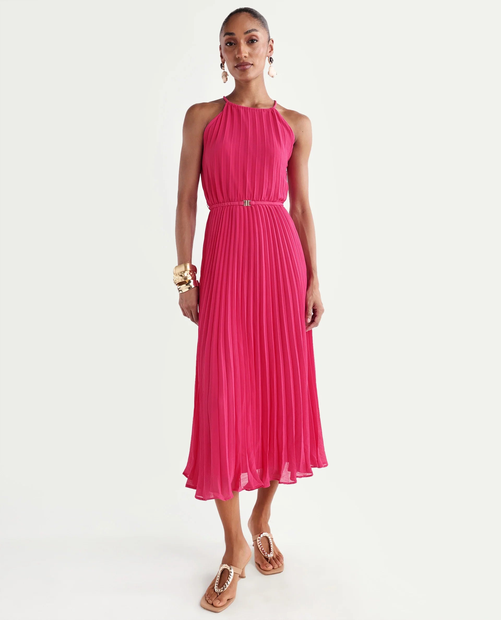 Rareism Women's Meplet Pink Polyester Sleeveless Halter Neck A-Line Dress