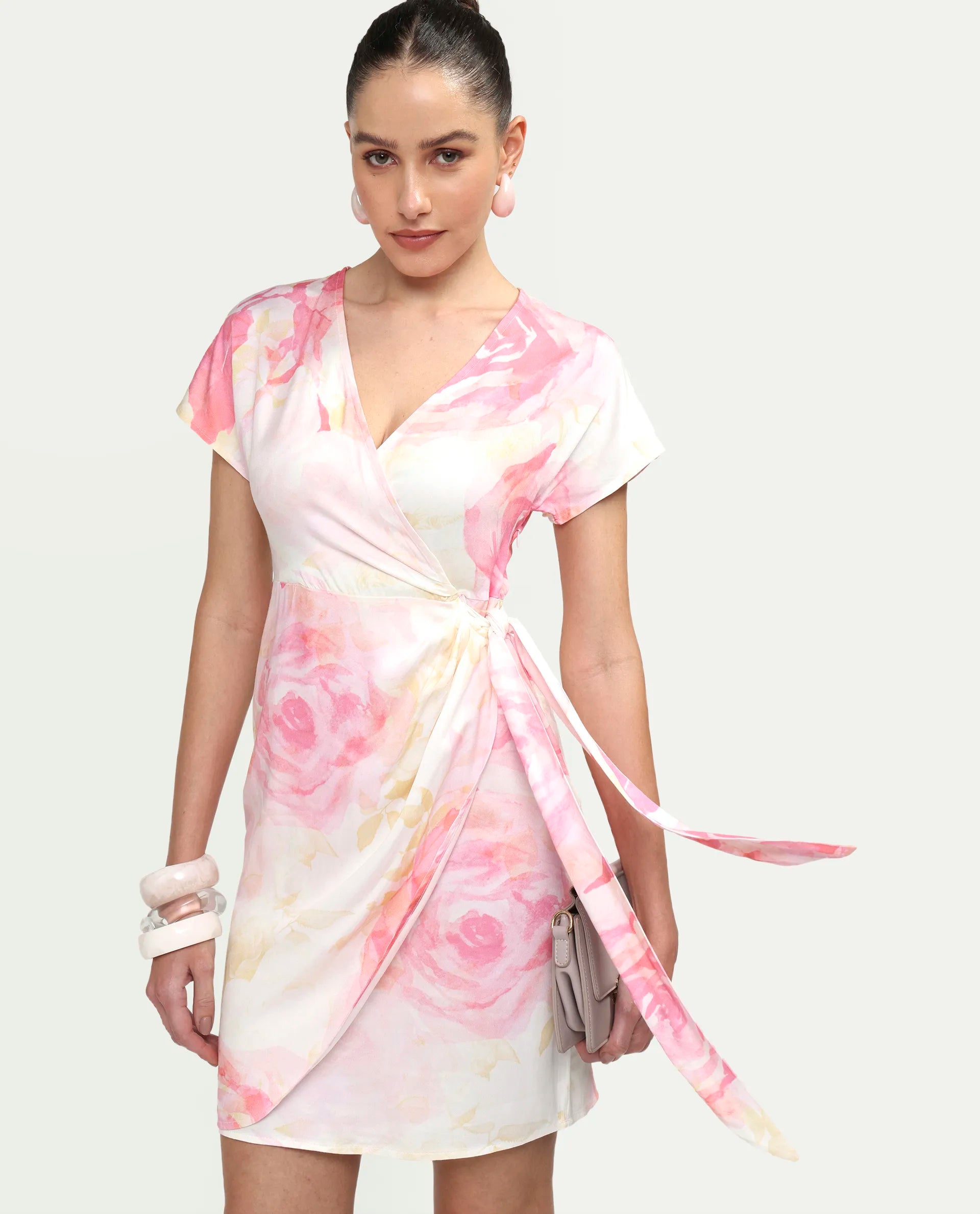 Rareism Women's Meya Off White Viscose Satin Half Sleeve V-Neck Floral Print Dress