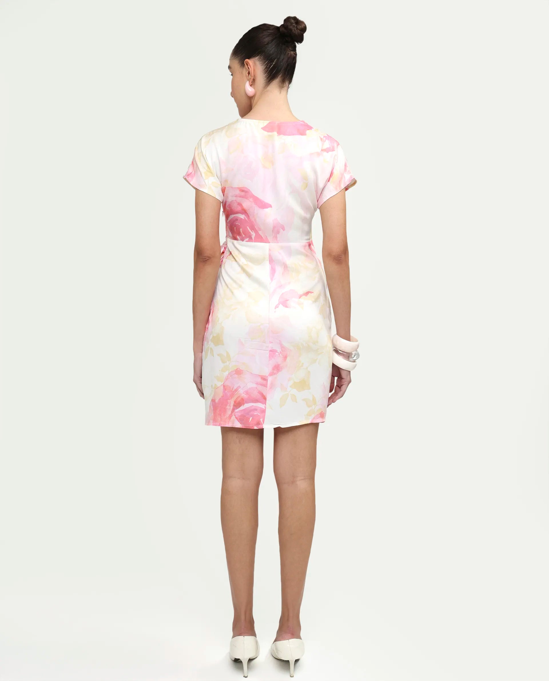 Rareism Women's Meya Off White Viscose Satin Half Sleeve V-Neck Floral Print Dress