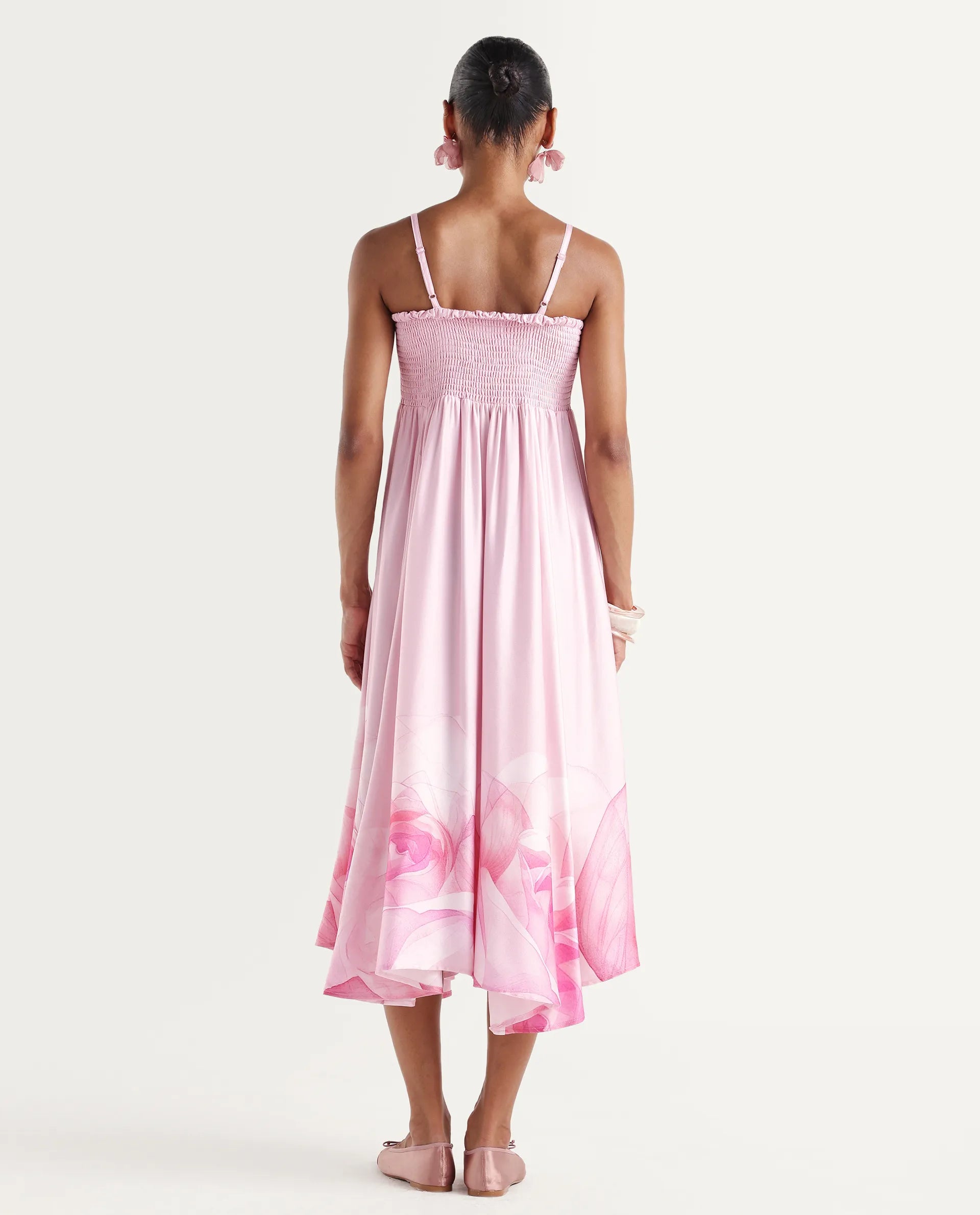 Rareism Women's Mezozo Light Pink Viscose Sleeveless Square Neck Fit And Flare Floral Print Dress