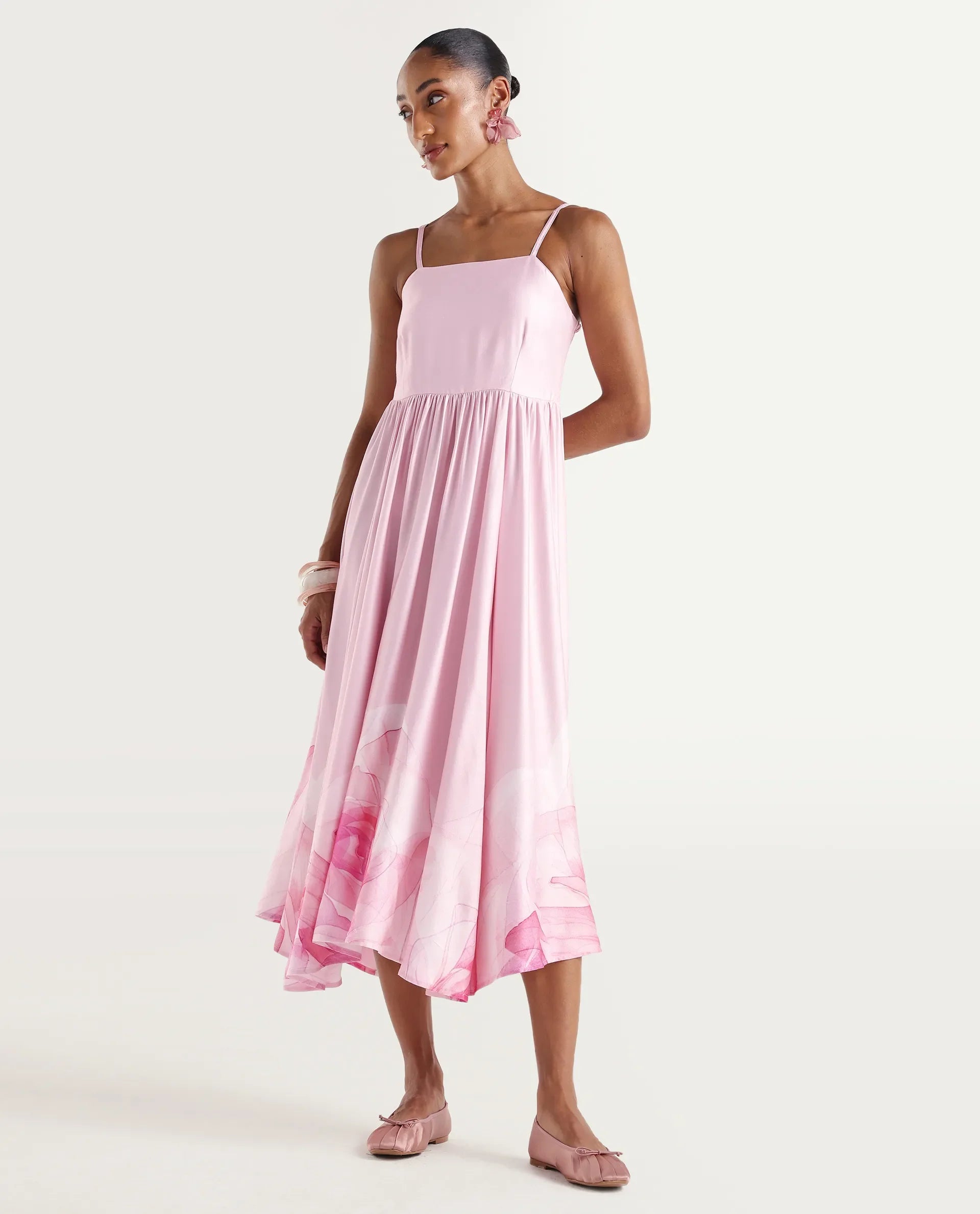 Rareism Women's Mezozo Light Pink Viscose Sleeveless Square Neck Fit And Flare Floral Print Dress