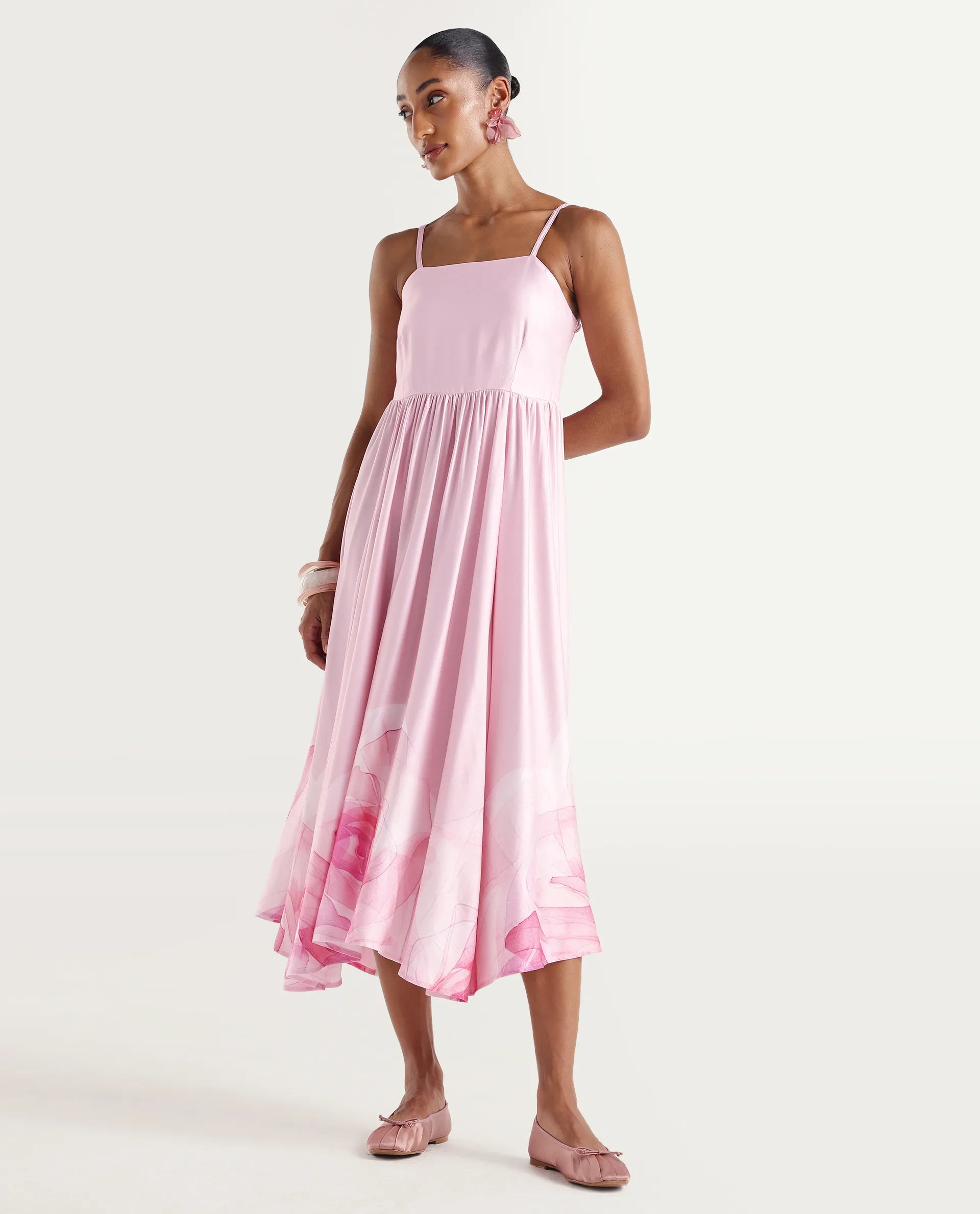 Rareism Women's Mezozo Light Pink Viscose Sleeveless Square Neck Fit And Flare Floral Print Dress