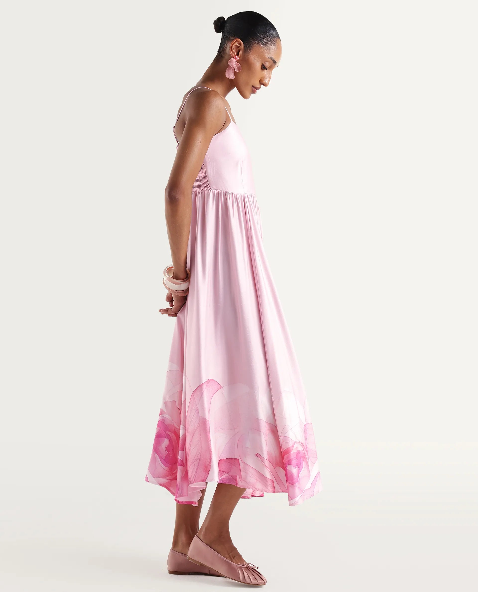 Rareism Women's Mezozo Light Pink Viscose Sleeveless Square Neck Fit And Flare Floral Print Dress