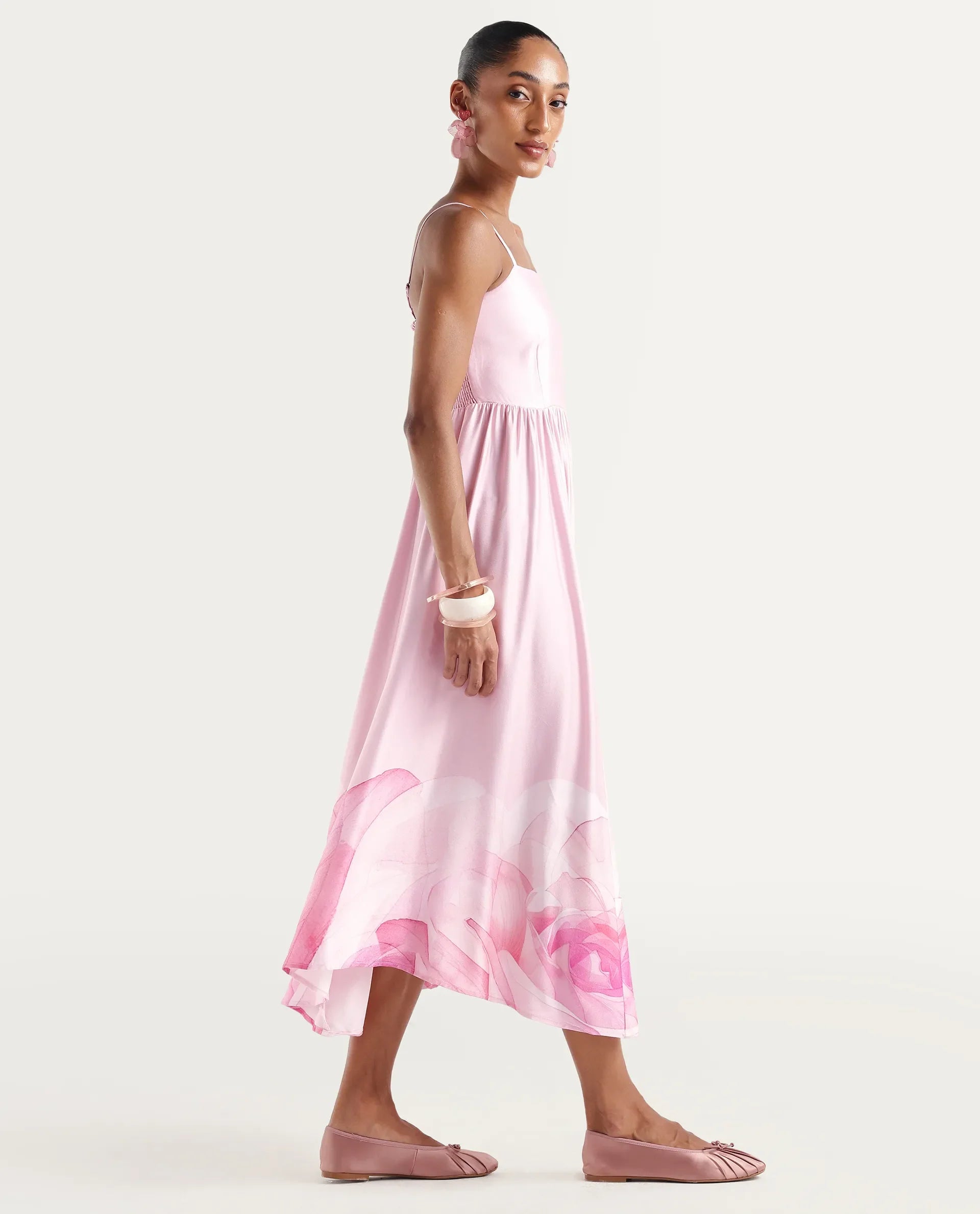 Rareism Women's Mezozo Light Pink Viscose Sleeveless Square Neck Fit And Flare Floral Print Dress